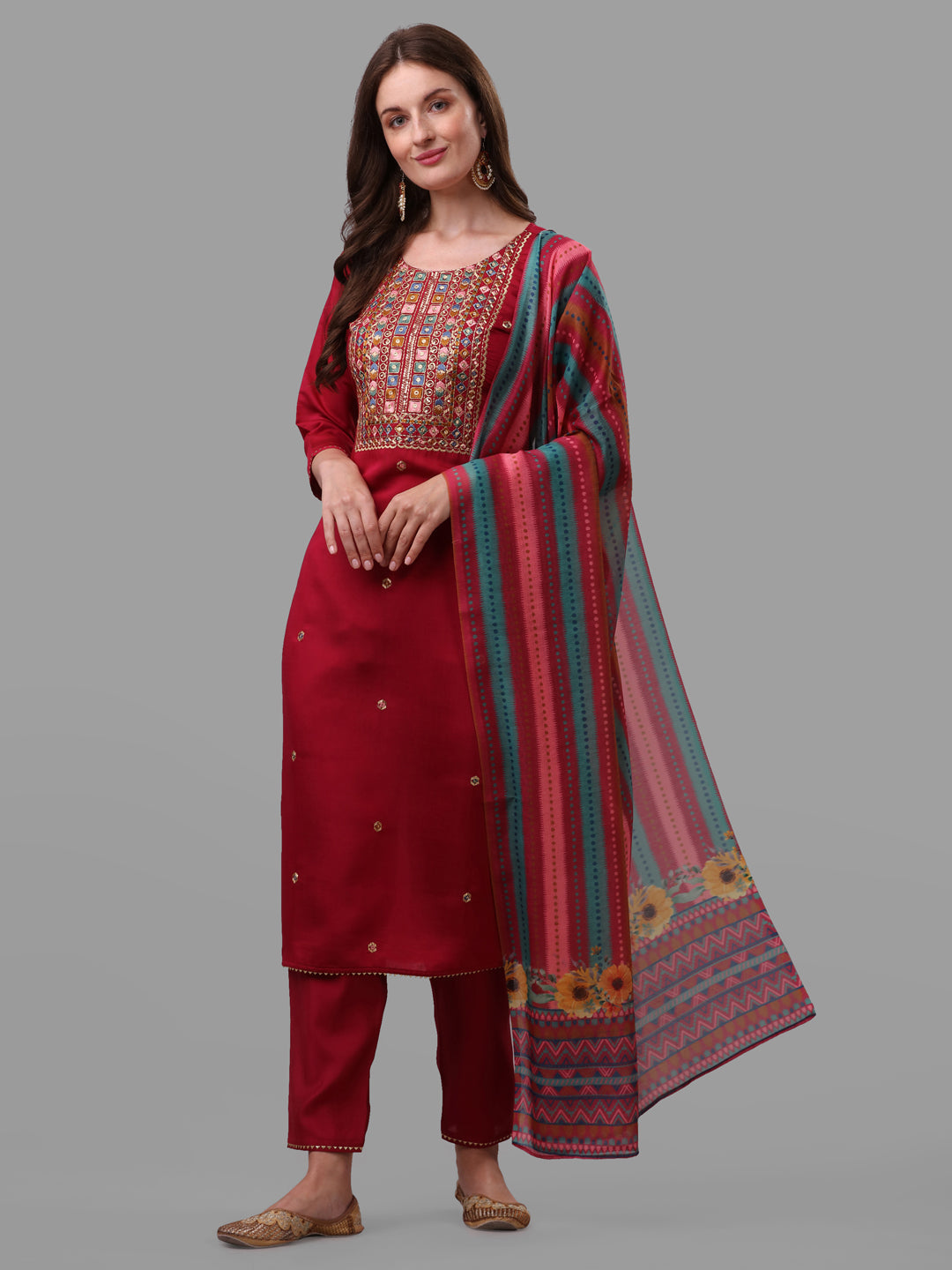 Fuchisia Embroidered Kurta Pant & Dupatta Set, Multicolor - Hiral Fashion - Distacart