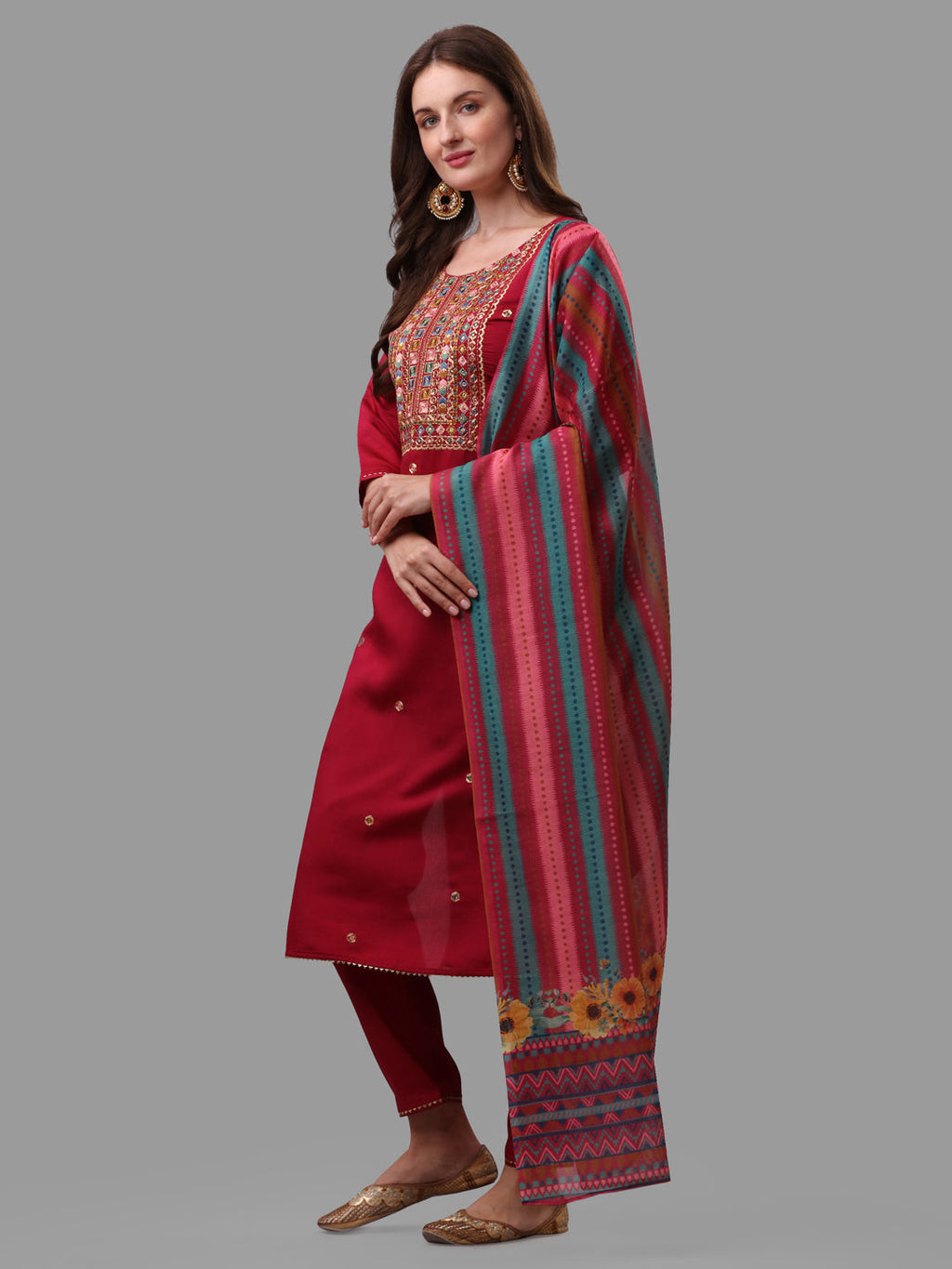 Fuchisia Embroidered Kurta Pant & Dupatta Set, Multicolor - Hiral Fashion - Distacart