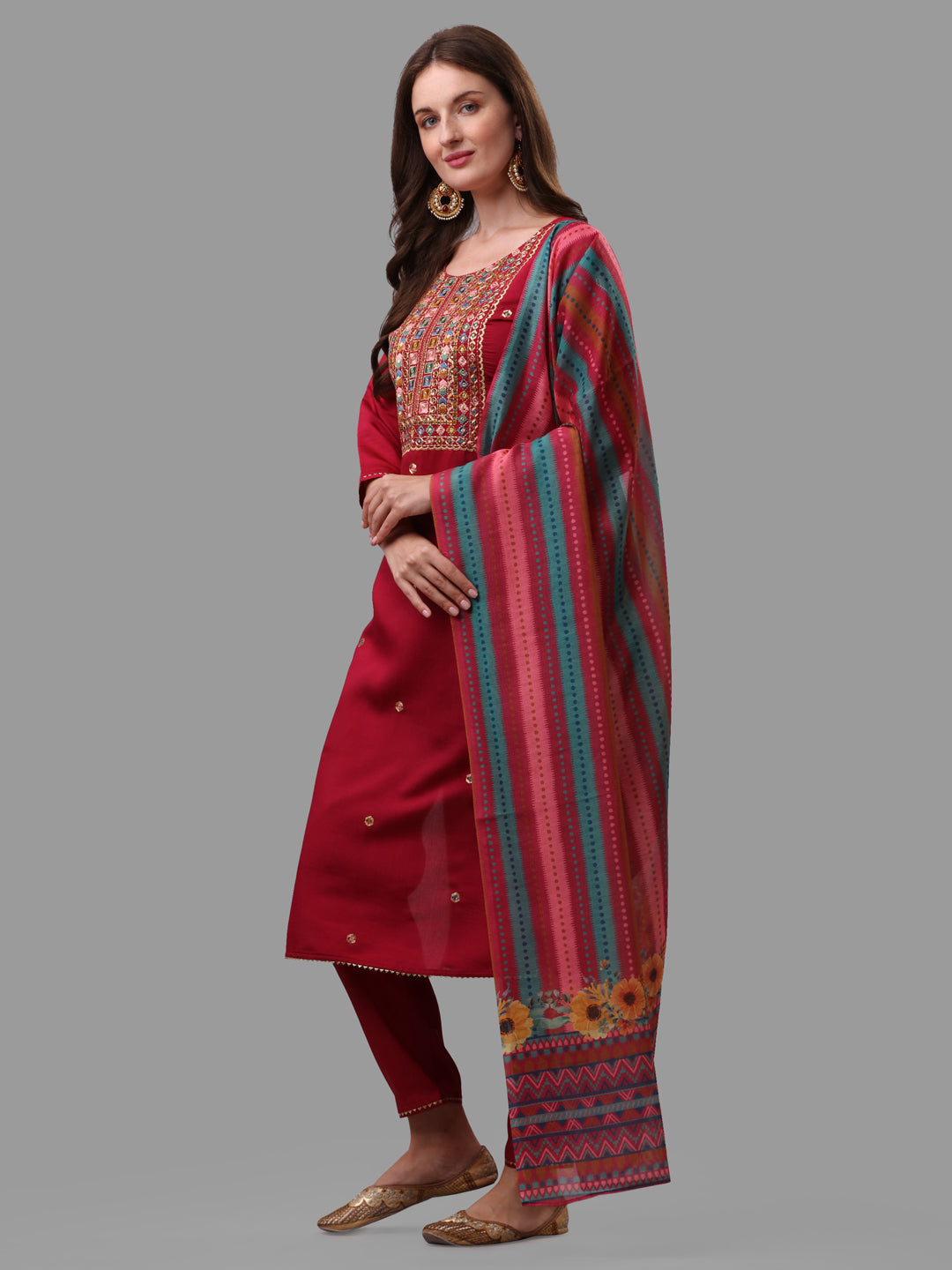 Fuchisia Embroidered Kurta Pant & Dupatta Set, Multicolor - Hiral Fashion - Distacart
