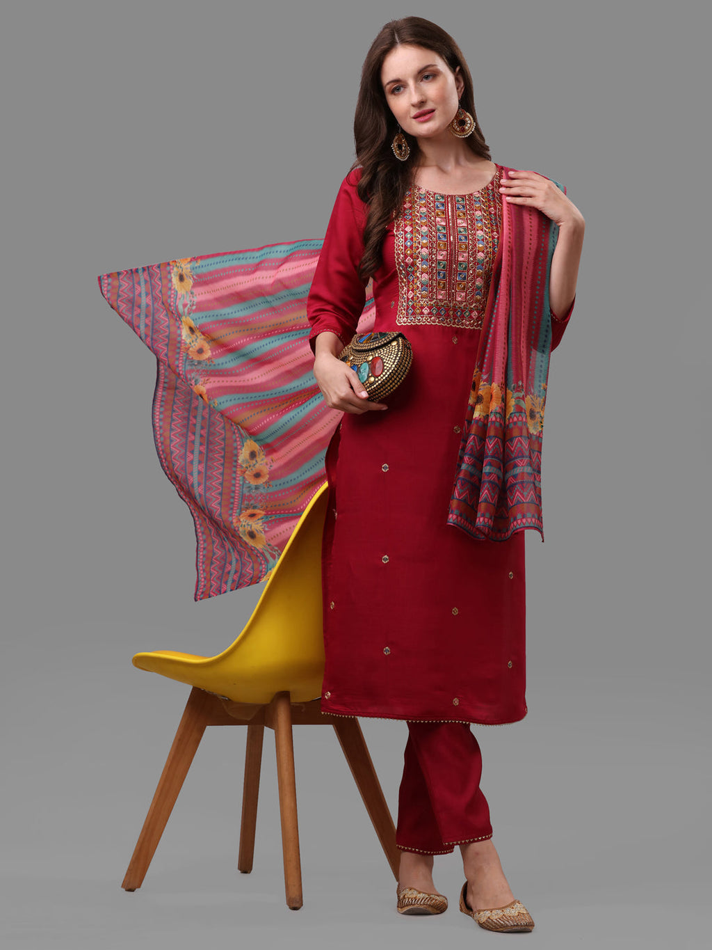 Fuchisia Embroidered Kurta Pant & Dupatta Set, Multicolor - Hiral Fashion - Distacart