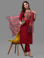 Fuchisia Embroidered Kurta Pant & Dupatta Set, Multicolor - Hiral Fashion - Distacart