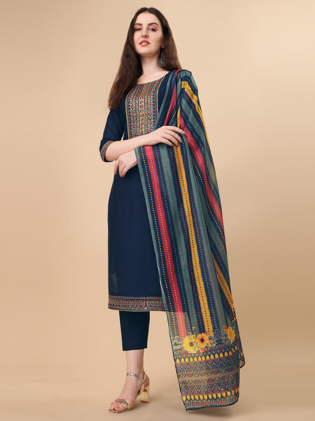 Teal Blue Embroidered Kurta Pant & Dupatta Set, Multicolor - Hiral Fashion - Distacart