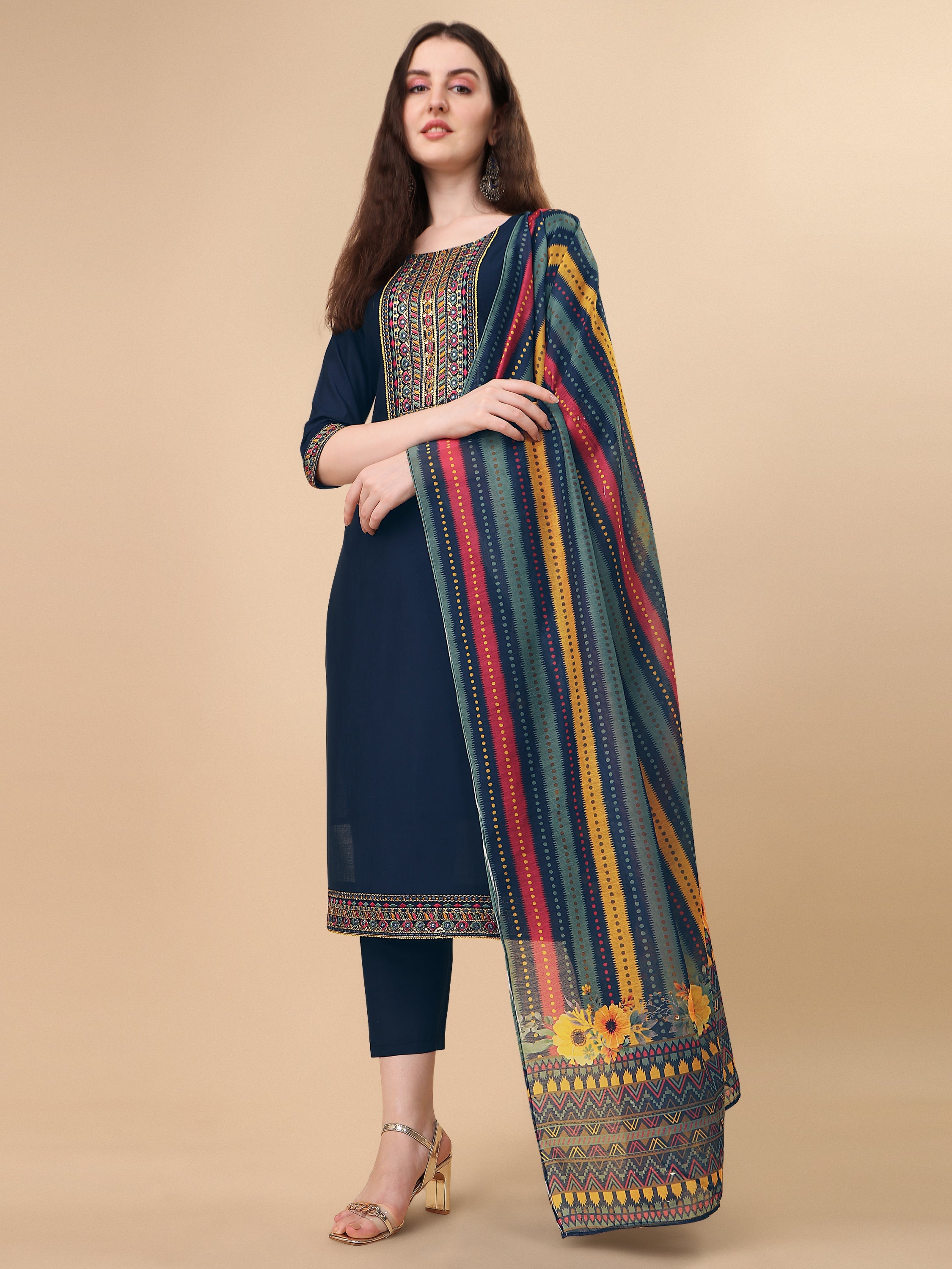 Teal Blue Embroidered Kurta Pant & Dupatta Set, Multicolor - Hiral Fashion - Distacart