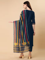Teal Blue Embroidered Kurta Pant & Dupatta Set, Multicolor - Hiral Fashion - Distacart