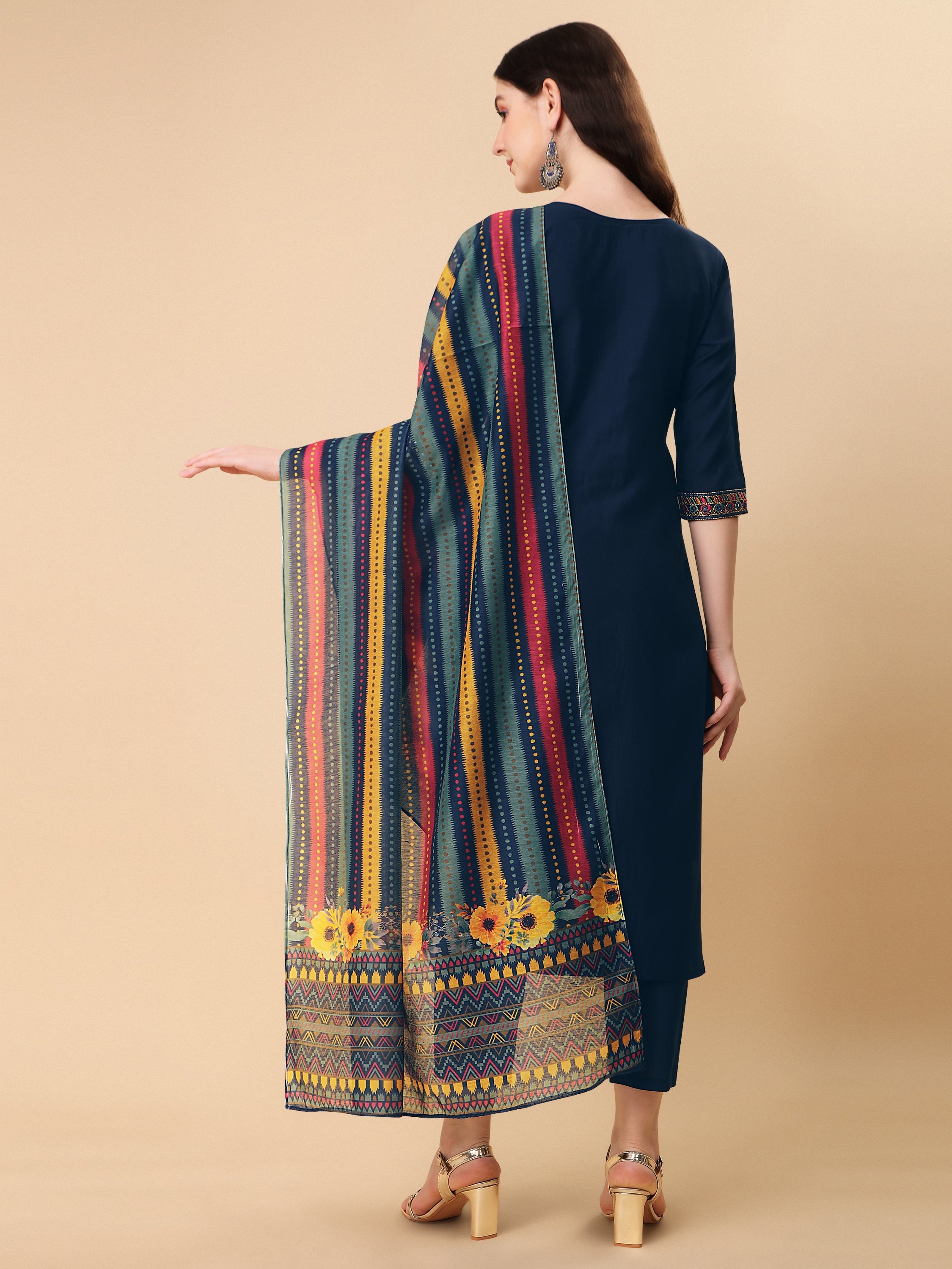Teal Blue Embroidered Kurta Pant & Dupatta Set, Multicolor - Hiral Fashion - Distacart