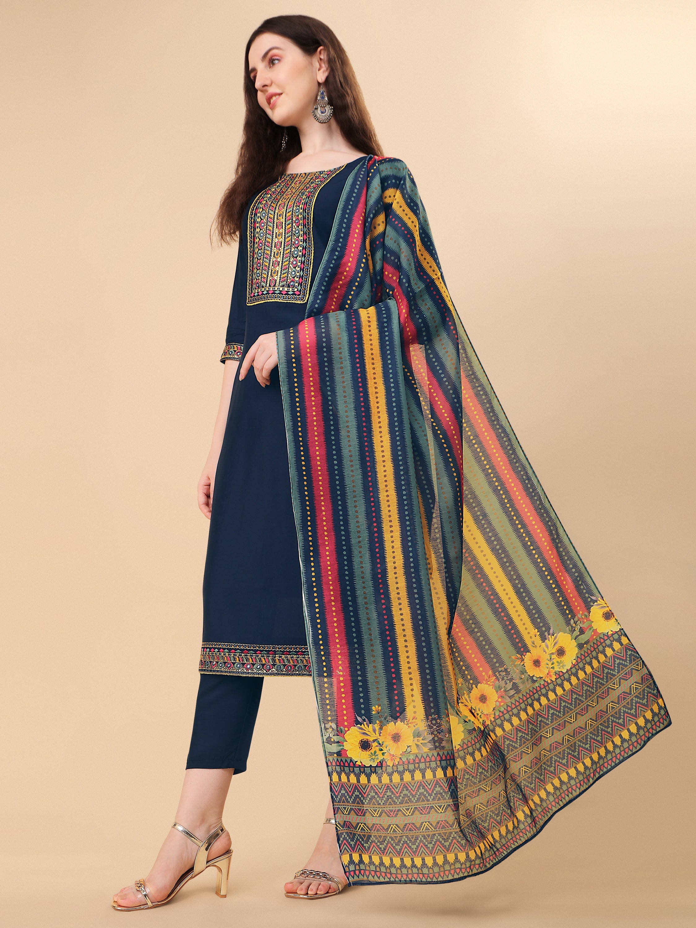 Teal Blue Embroidered Kurta Pant & Dupatta Set, Multicolor - Hiral Fashion - Distacart