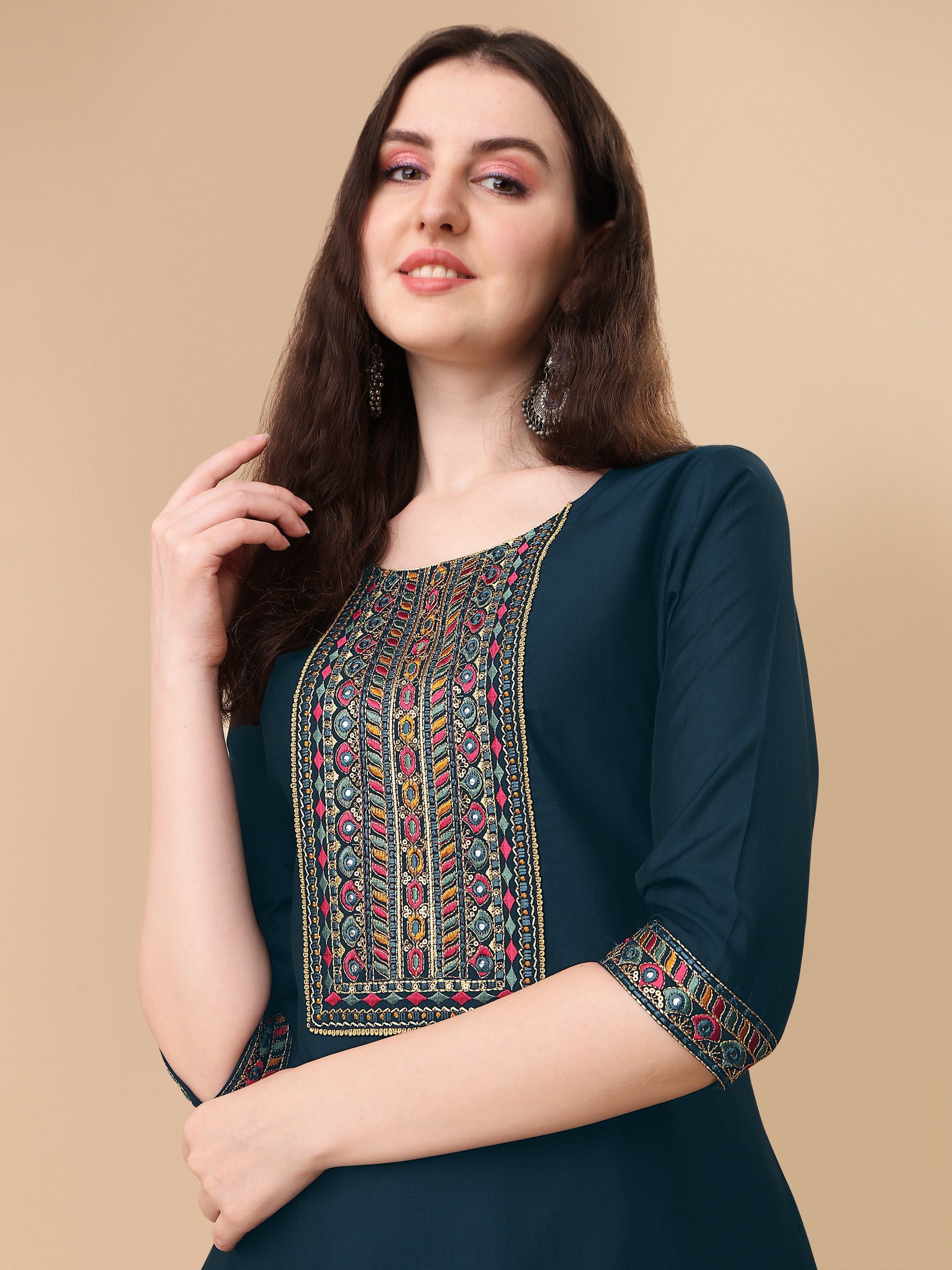 Teal Blue Embroidered Kurta Pant & Dupatta Set, Multicolor - Hiral Fashion - Distacart