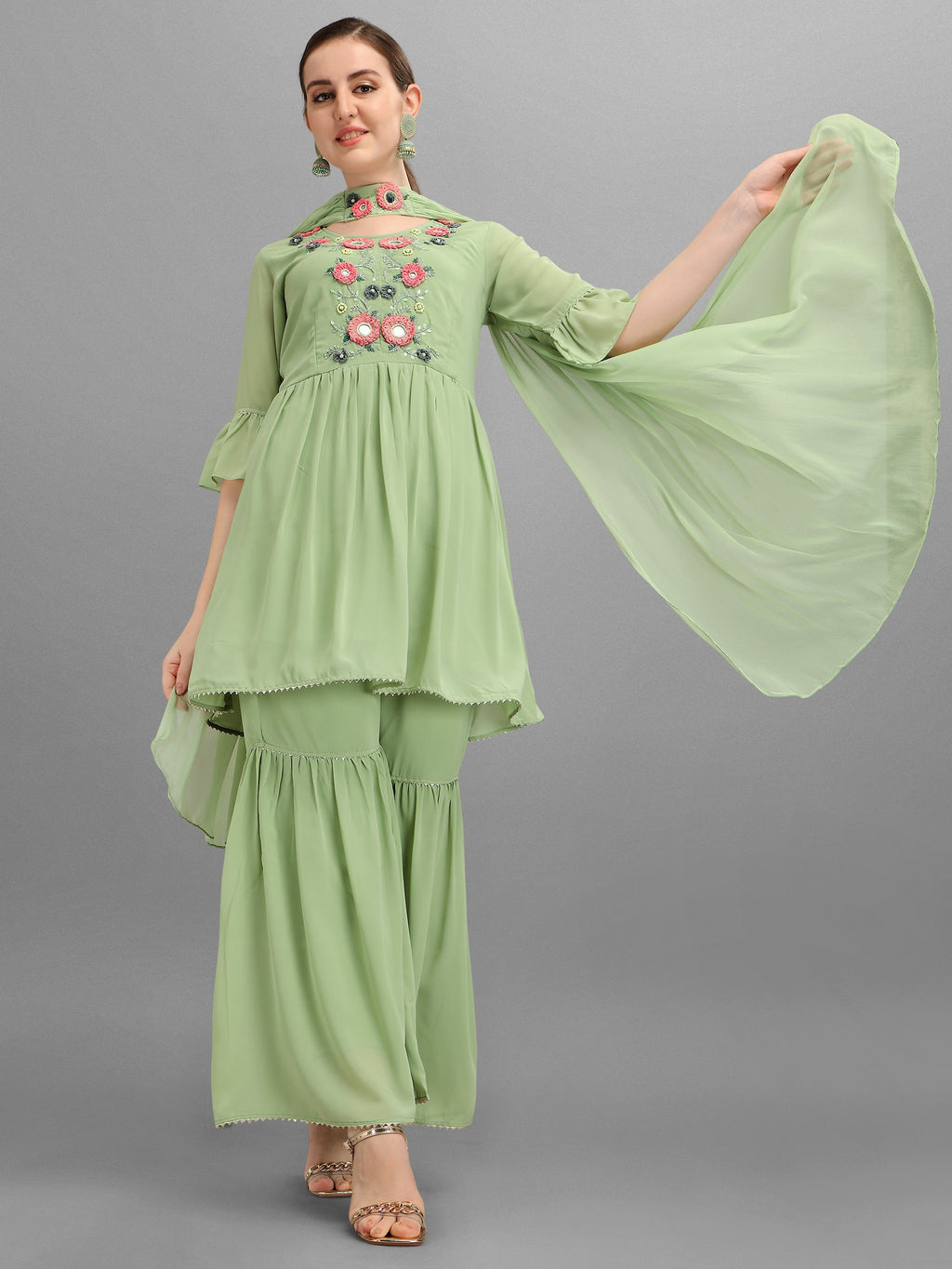 Hand Embroidered Georgette Kurta With Sharara & Dupatta Set, Multicolor - Hiral Fashion - Distacart