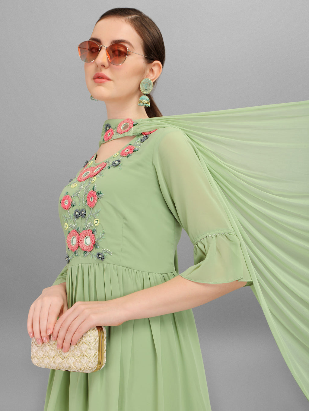 Hand Embroidered Georgette Kurta With Sharara & Dupatta Set, Multicolor - Hiral Fashion - Distacart
