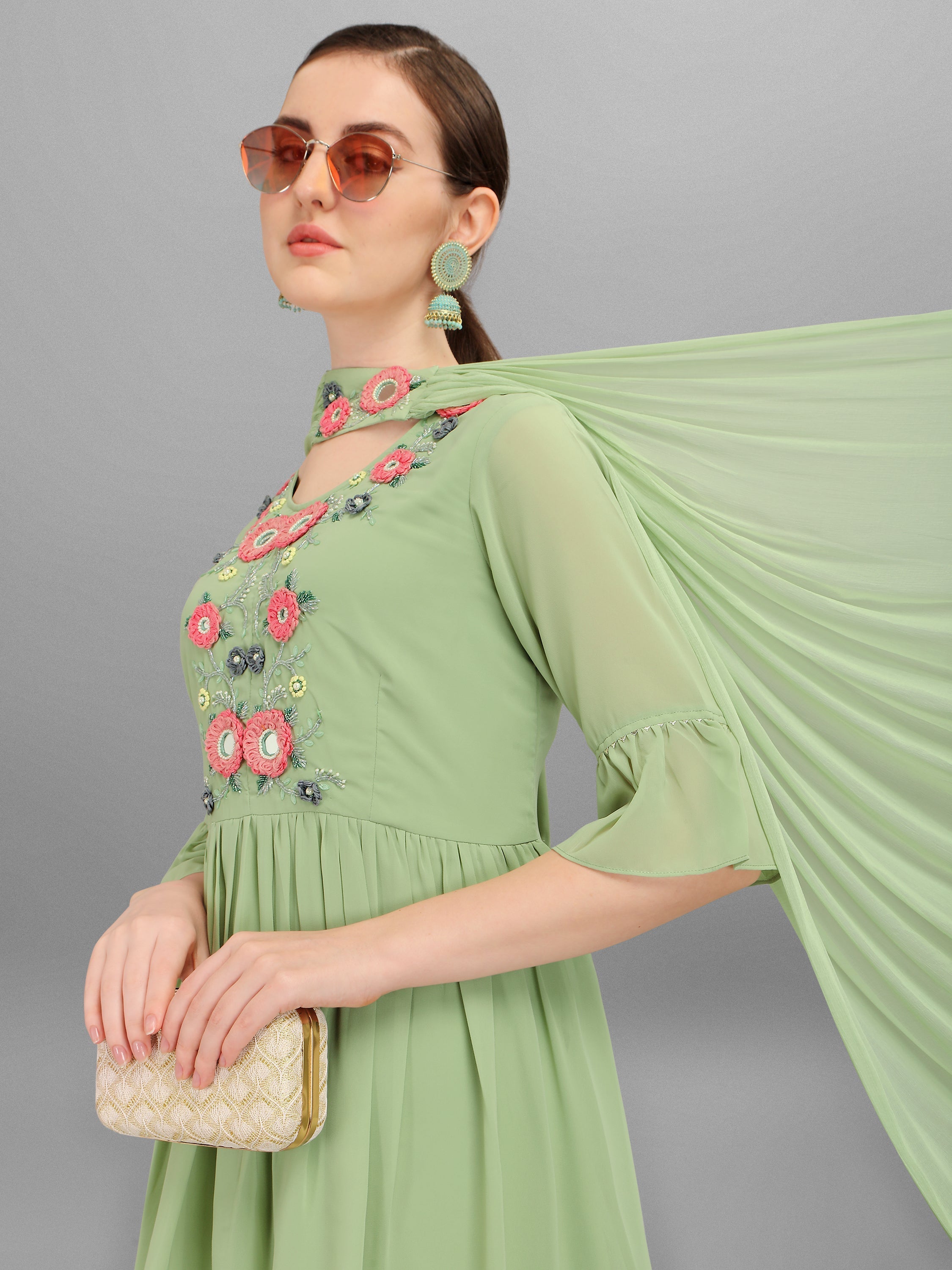 Hand Embroidered Georgette Kurta With Sharara & Dupatta Set, Multicolor - Hiral Fashion - Distacart