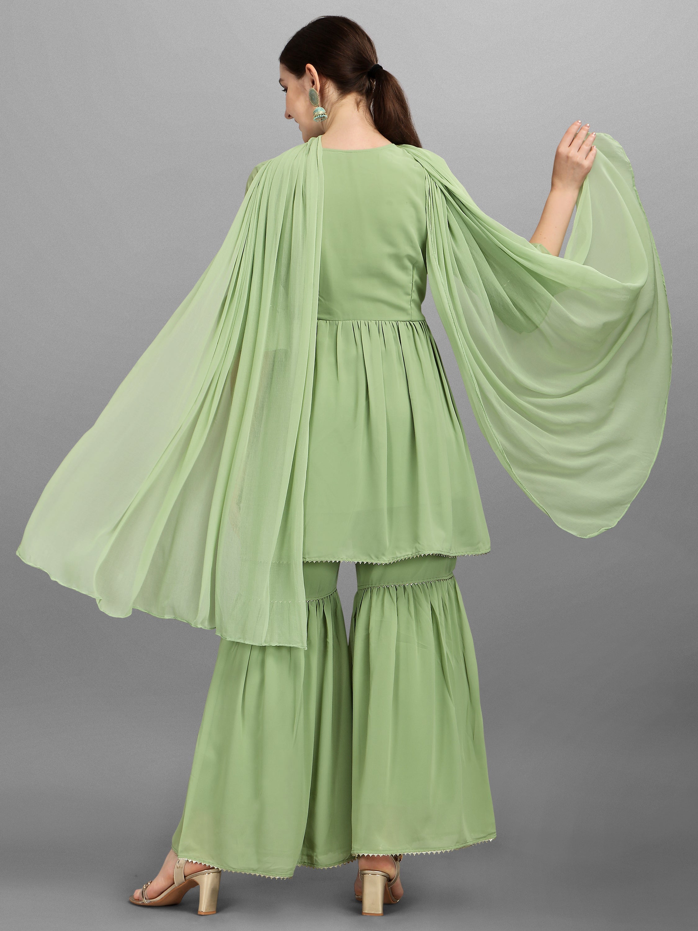 Hand Embroidered Georgette Kurta With Sharara & Dupatta Set, Multicolor - Hiral Fashion - Distacart