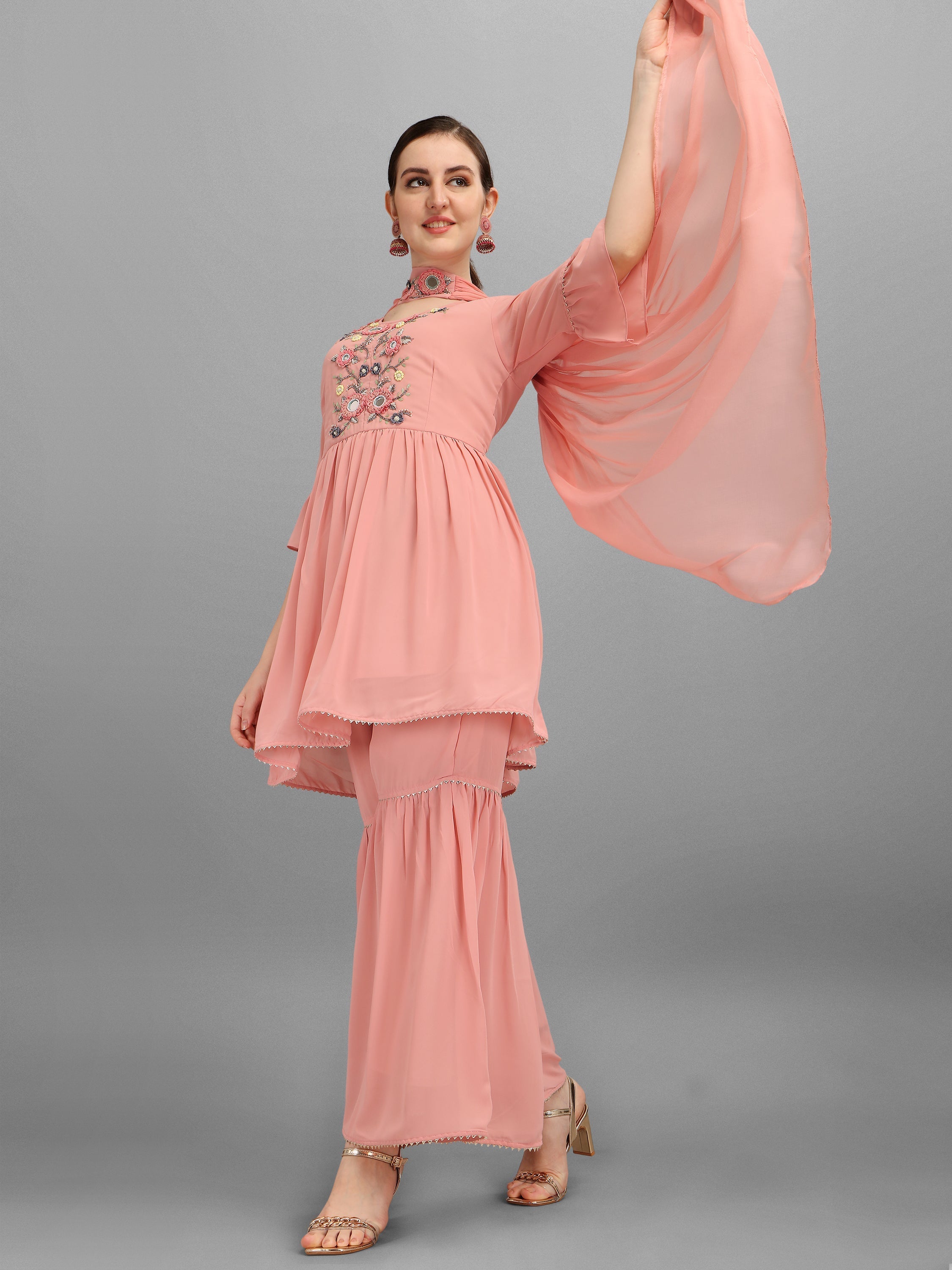 Georgette Embellished Kurta With Sharara & Dupatta Set, Multicolor - Hiral Fashion - Distacart