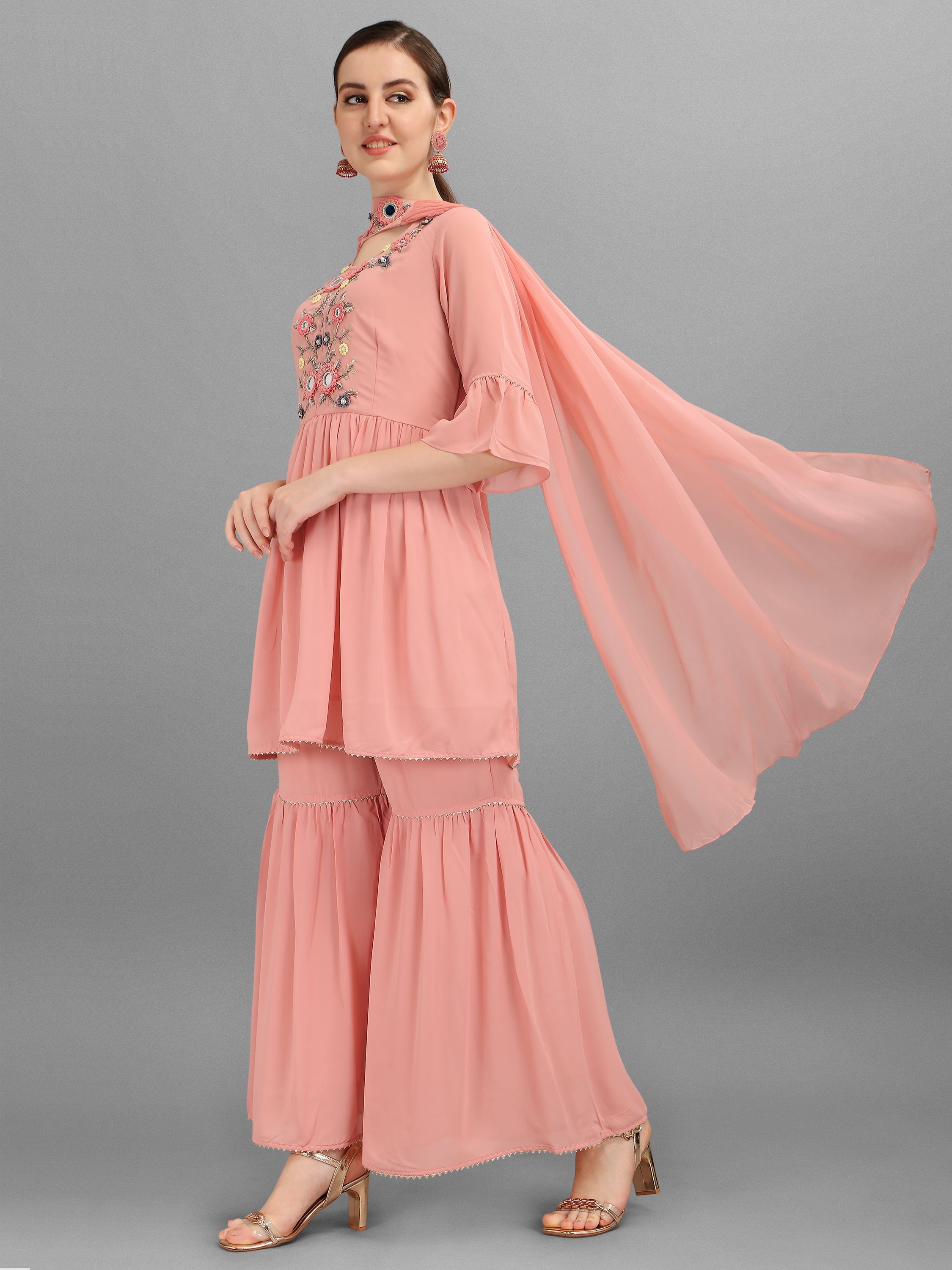Georgette Embellished Kurta With Sharara & Dupatta Set, Multicolor - Hiral Fashion - Distacart