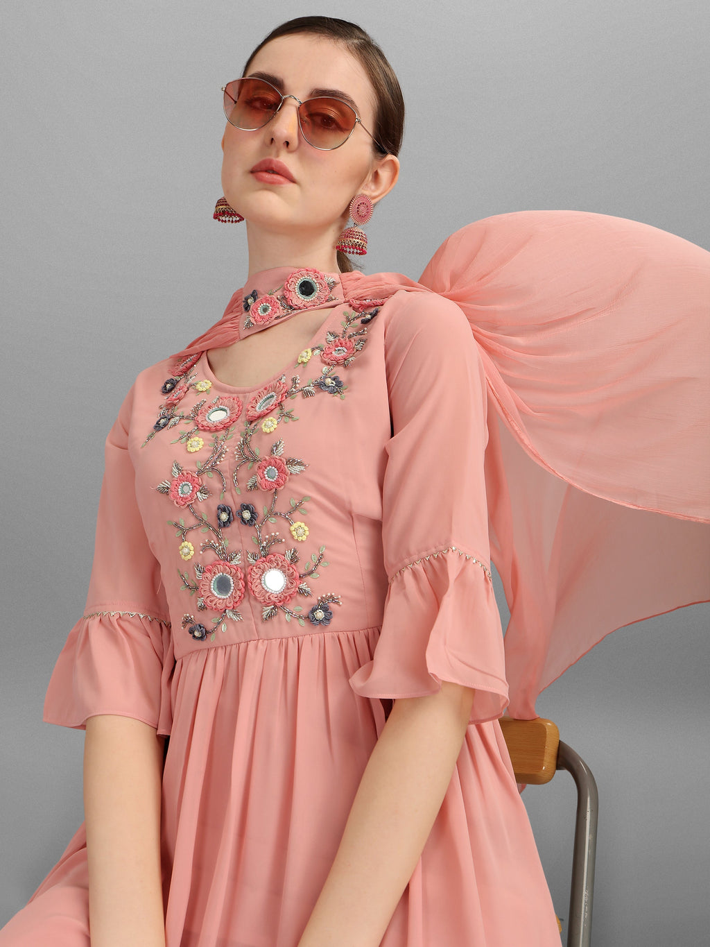 Georgette Embellished Kurta With Sharara & Dupatta Set, Multicolor - Hiral Fashion - Distacart