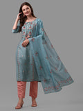 Blue Embroidered Kurta Pant & Dupatta Set, Multicolor - Hiral Fashion
