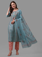 Blue Embroidered Kurta Pant & Dupatta Set, Multicolor - Hiral Fashion
