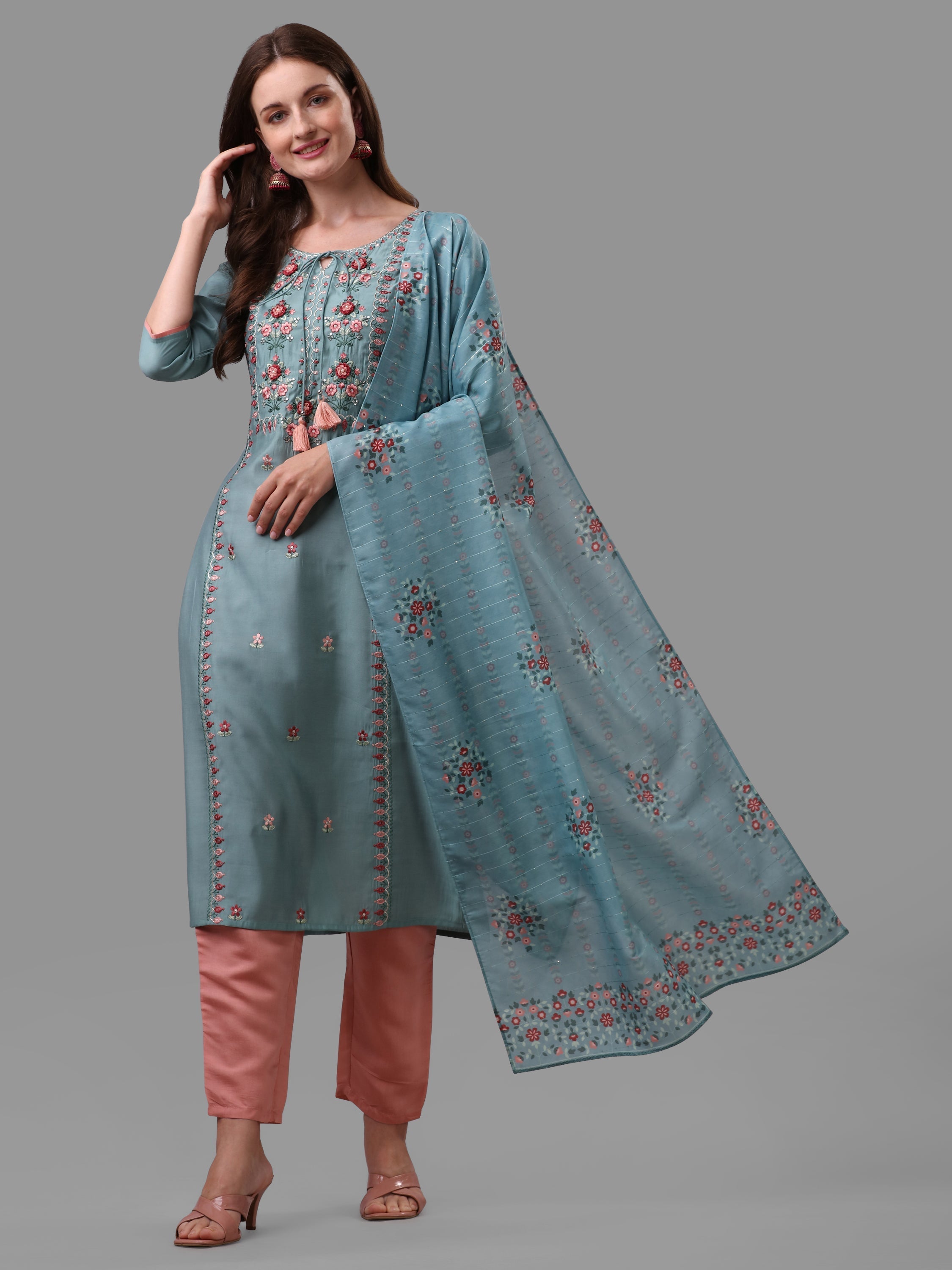 Blue Embroidered Kurta Pant & Dupatta Set, Multicolor - Hiral Fashion