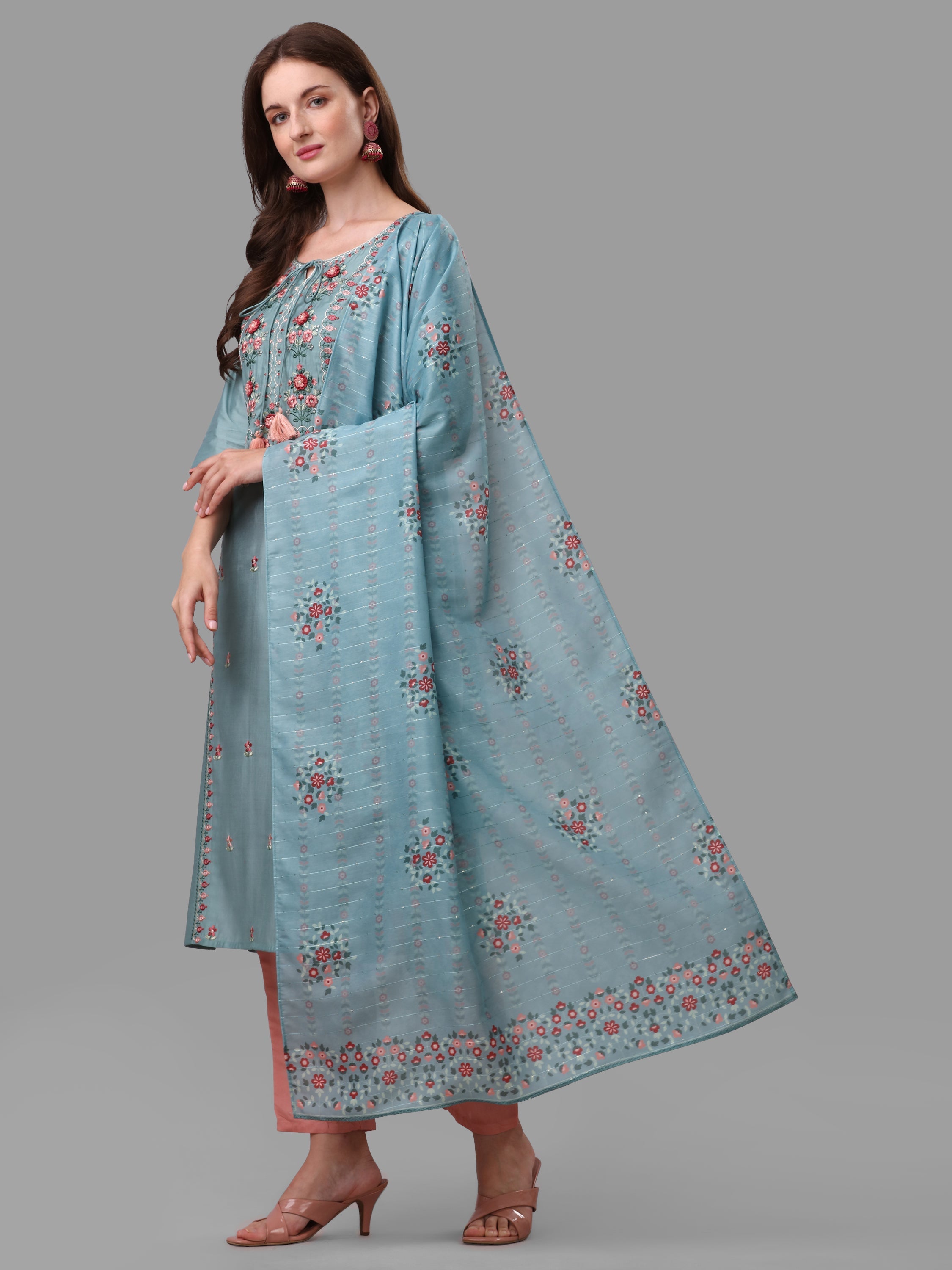 Blue Embroidered Kurta Pant & Dupatta Set, Multicolor - Hiral Fashion