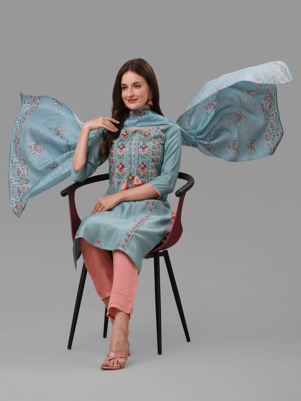 Blue Embroidered Kurta Pant & Dupatta Set, Multicolor - Hiral Fashion