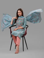 Blue Embroidered Kurta Pant & Dupatta Set, Multicolor - Hiral Fashion