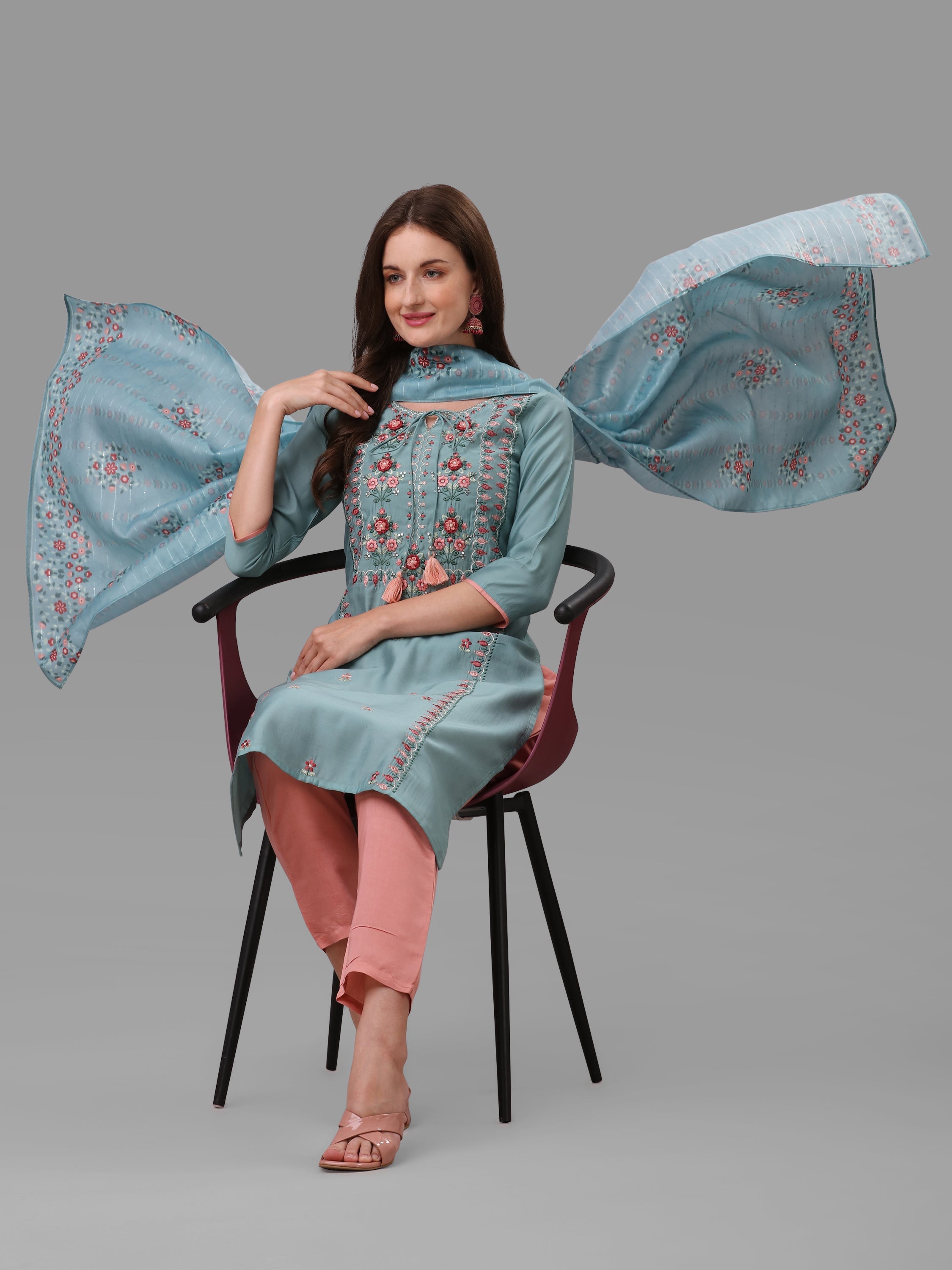 Blue Embroidered Kurta Pant & Dupatta Set, Multicolor - Hiral Fashion
