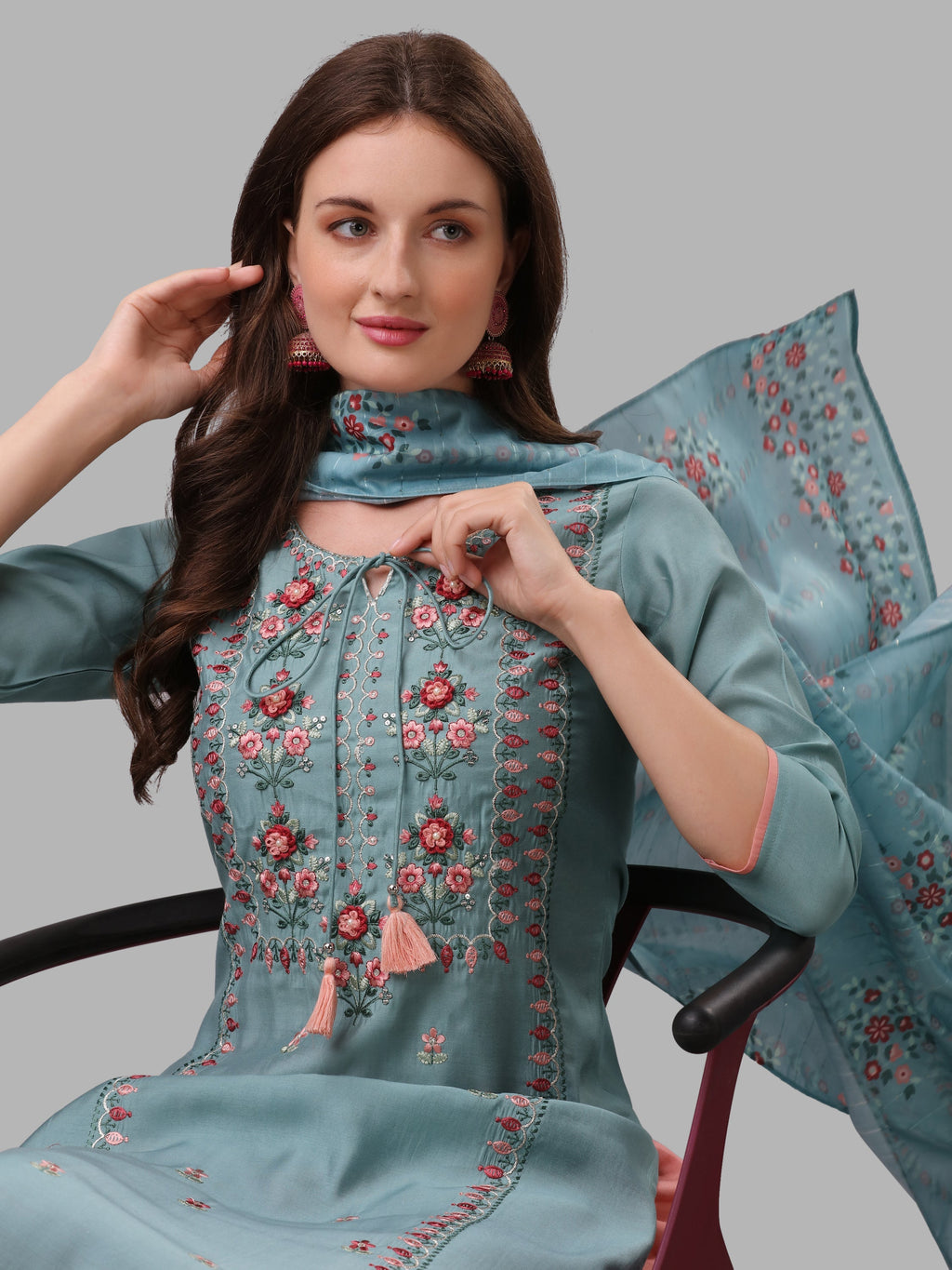 Blue Embroidered Kurta Pant & Dupatta Set, Multicolor - Hiral Fashion
