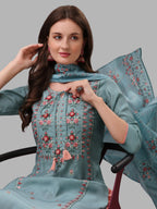 Blue Embroidered Kurta Pant & Dupatta Set, Multicolor - Hiral Fashion