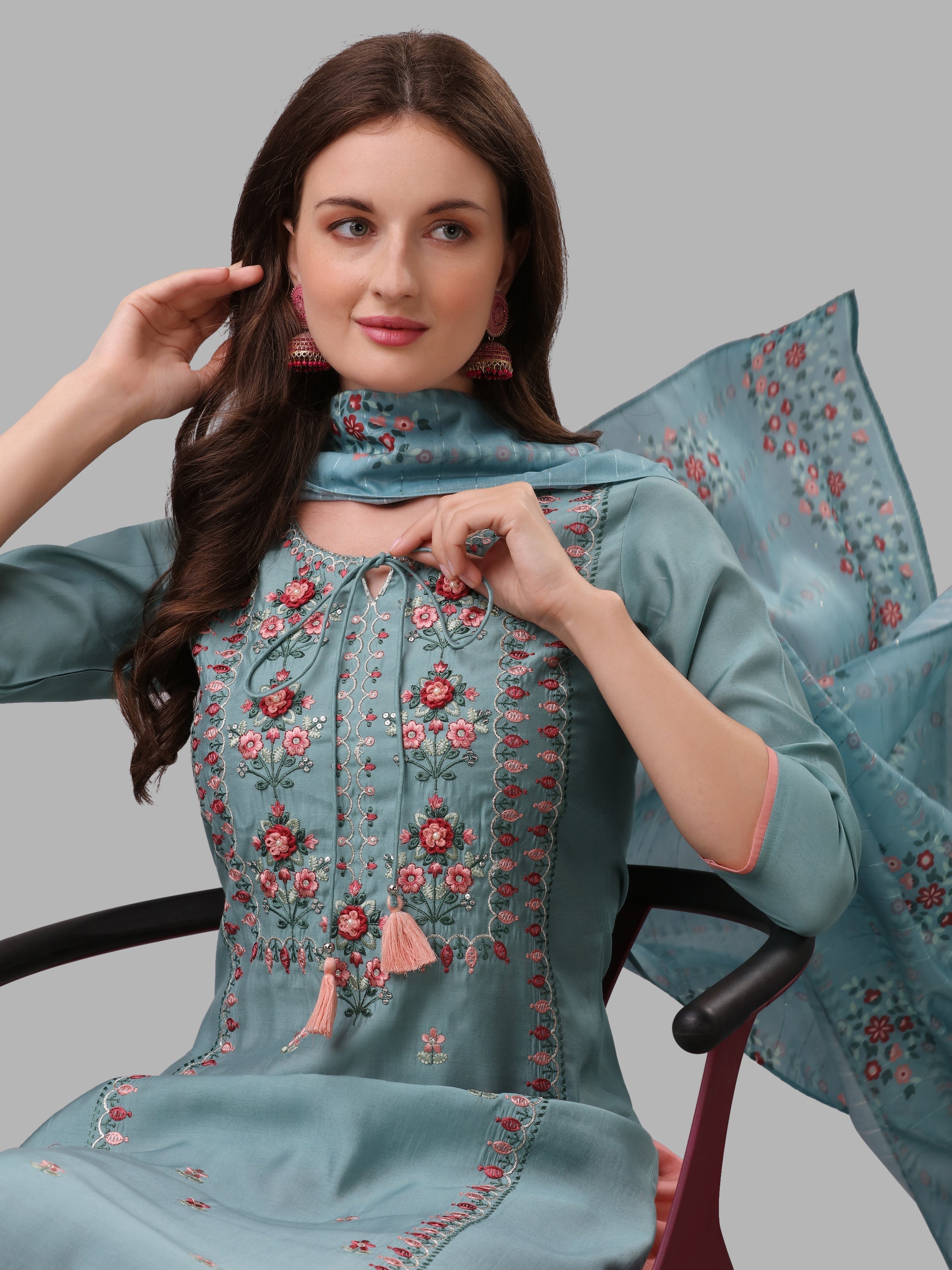 Blue Embroidered Kurta Pant & Dupatta Set, Multicolor - Hiral Fashion