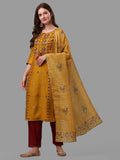 Mustard Embroidered Kurta Pant & Dupatta Set, Multicolor - Hiral Fashion