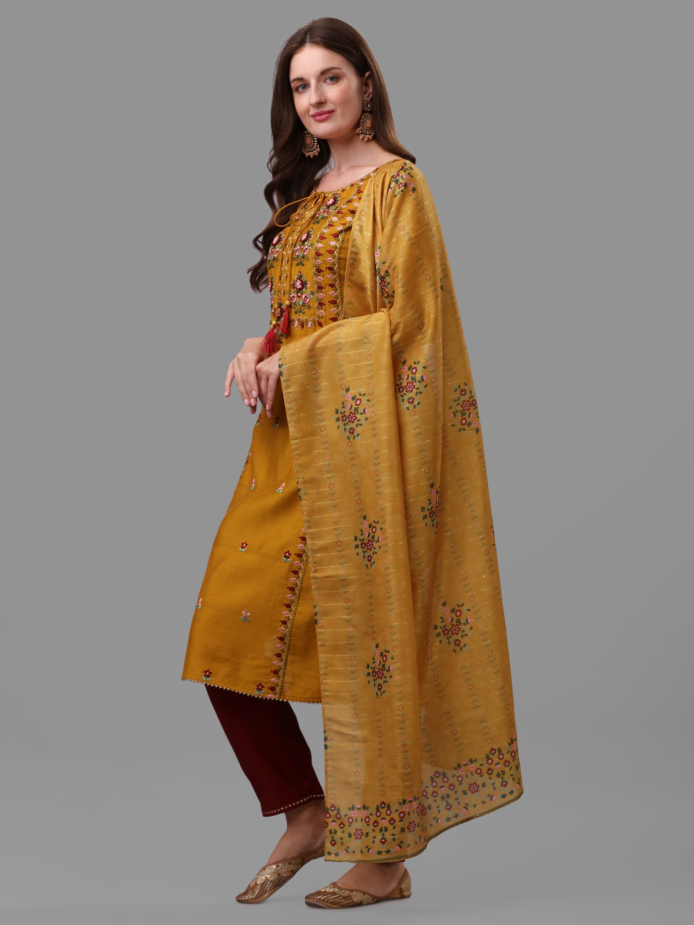 Mustard Embroidered Kurta Pant & Dupatta Set, Multicolor - Hiral Fashion