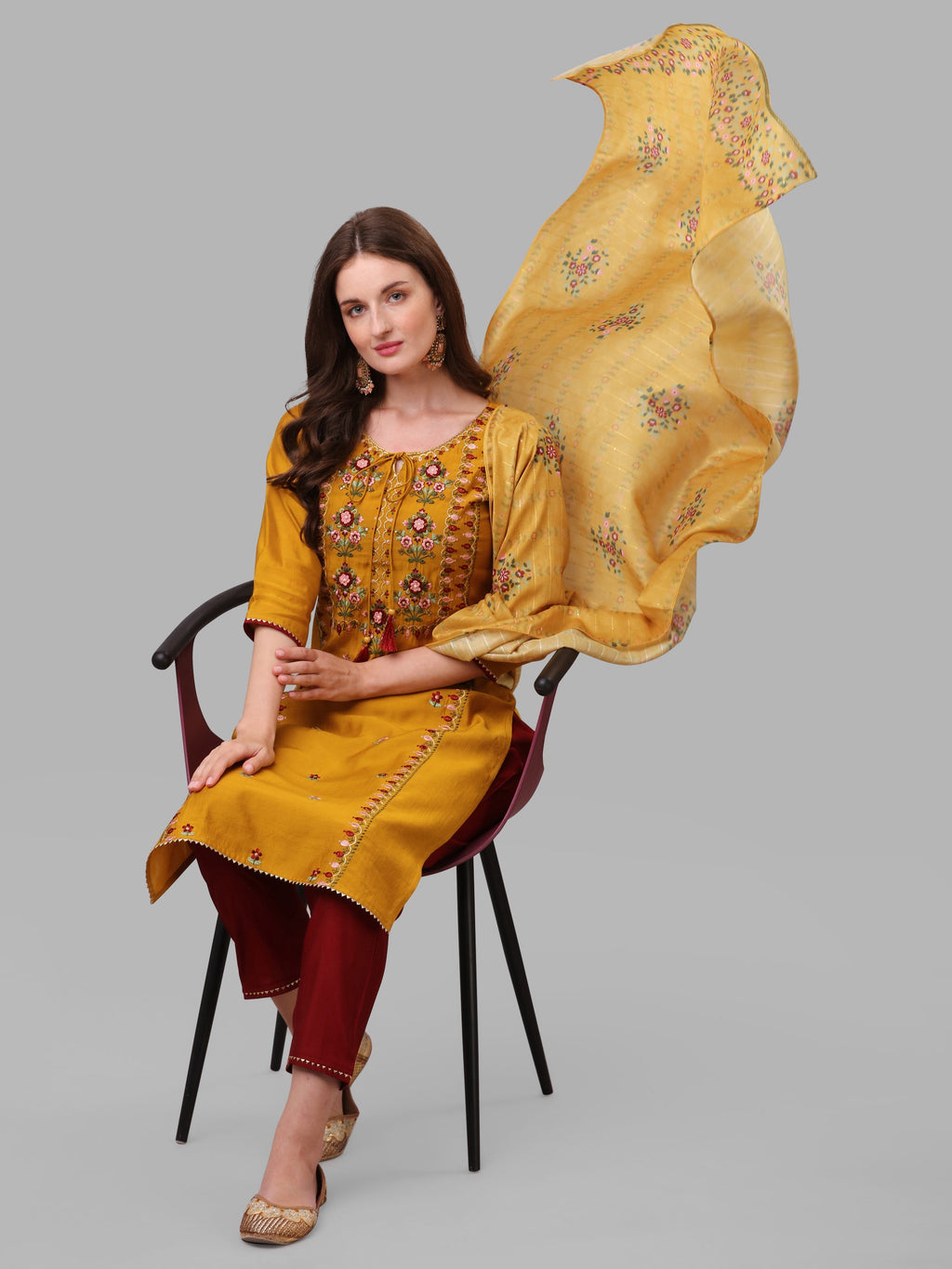 Mustard Embroidered Kurta Pant & Dupatta Set, Multicolor - Hiral Fashion