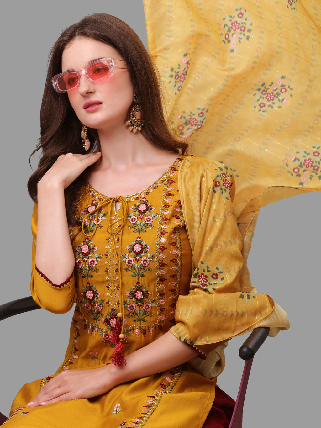 Mustard Embroidered Kurta Pant & Dupatta Set, Multicolor - Hiral Fashion