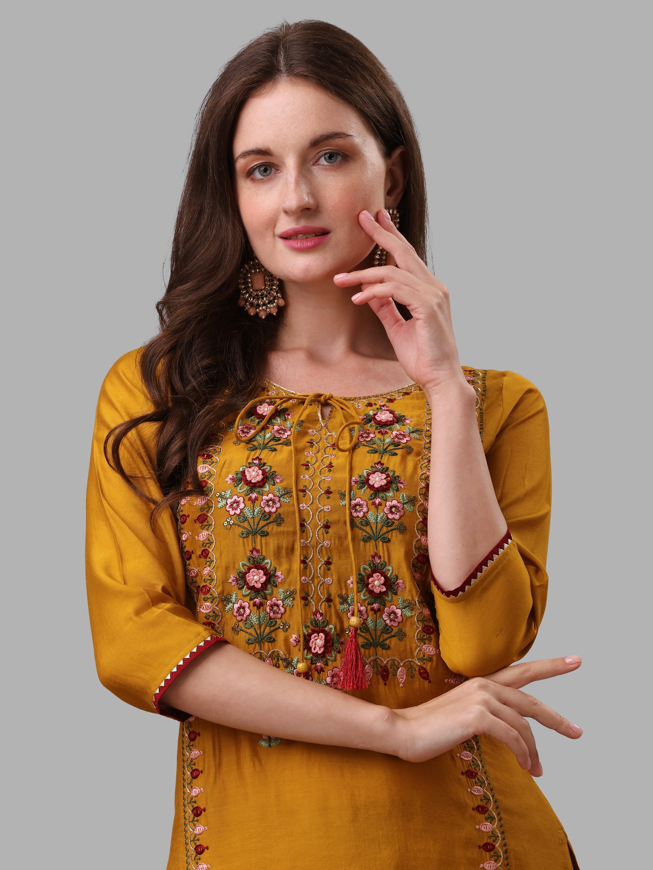 Mustard Embroidered Kurta Pant & Dupatta Set, Multicolor - Hiral Fashion