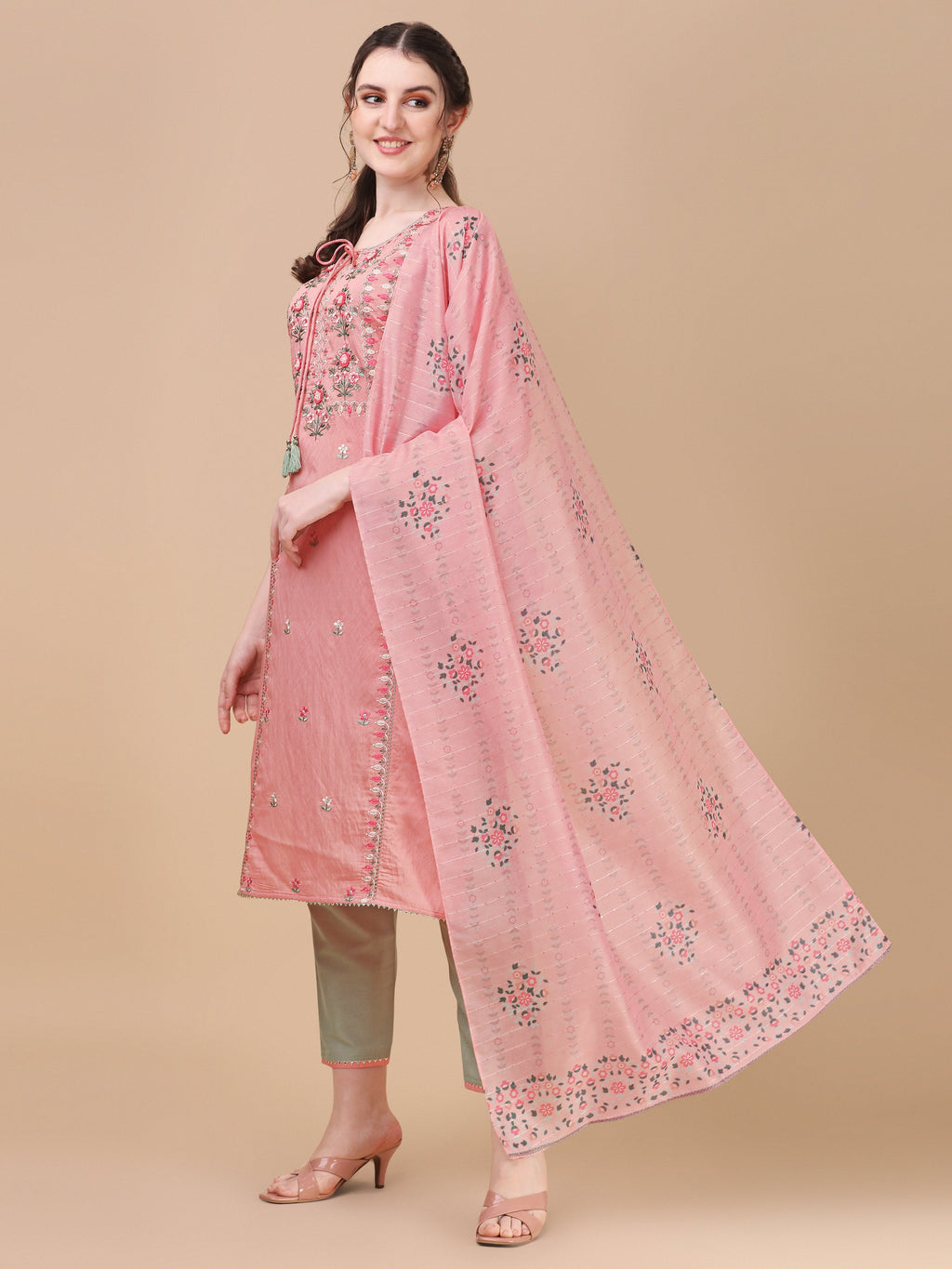 Pink Embroidered Kurta Pant & Dupatta Set, Multicolor - Hiral Fashion - Distacart