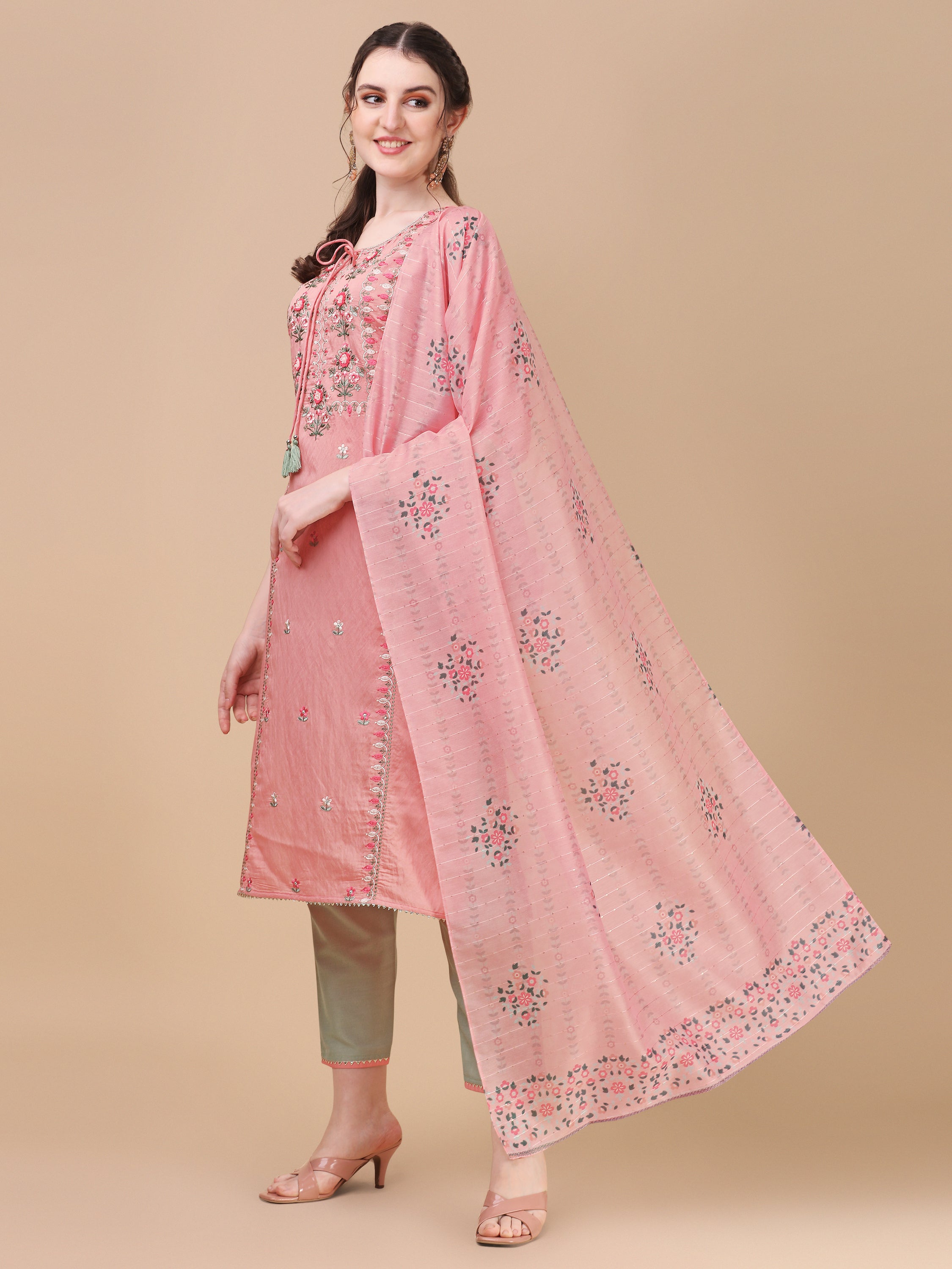Pink Embroidered Kurta Pant & Dupatta Set, Multicolor - Hiral Fashion - Distacart