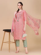 Pink Embroidered Kurta Pant & Dupatta Set, Multicolor - Hiral Fashion - Distacart