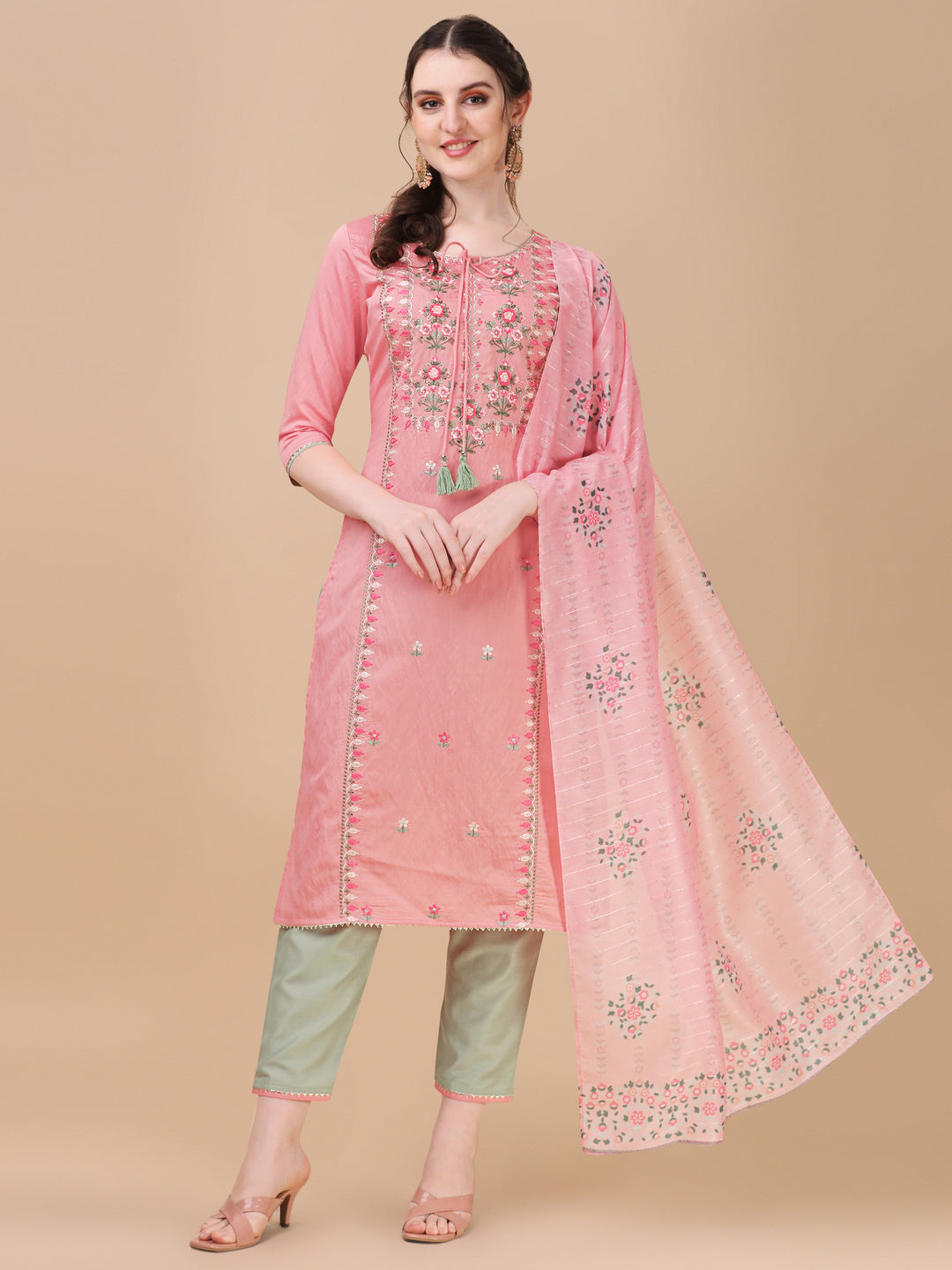 Pink Embroidered Kurta Pant & Dupatta Set, Multicolor - Hiral Fashion - Distacart