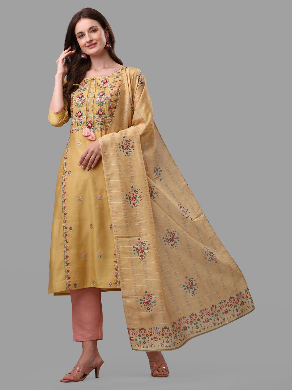 Yellow Embroidered Kurta Pant & Dupatta Set, Multicolor - Hiral Fashion