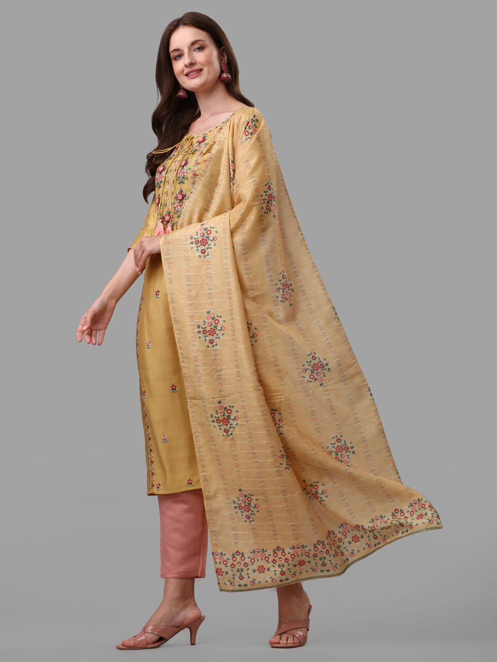 Yellow Embroidered Kurta Pant & Dupatta Set, Multicolor - Hiral Fashion
