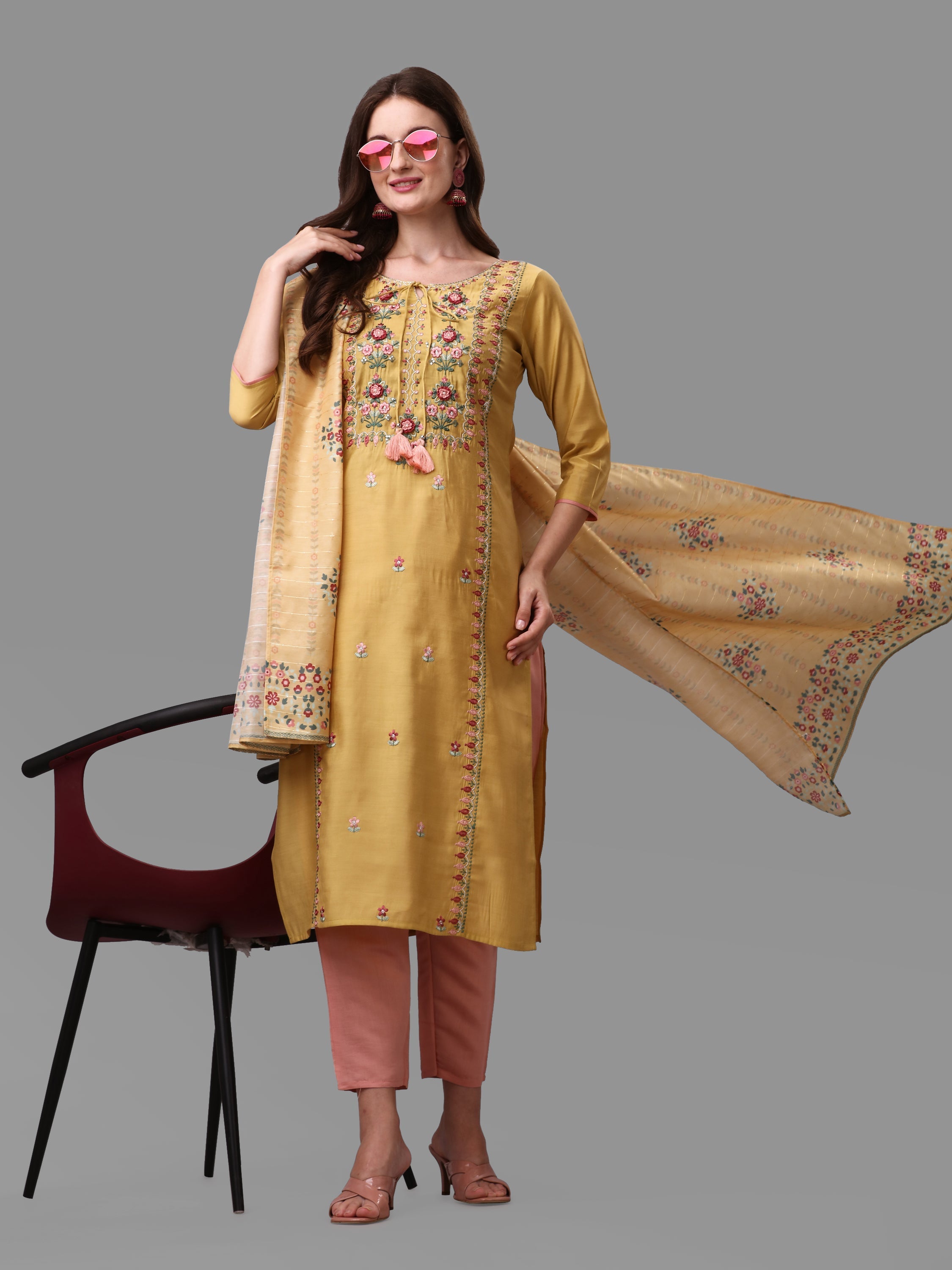 Yellow Embroidered Kurta Pant & Dupatta Set, Multicolor - Hiral Fashion