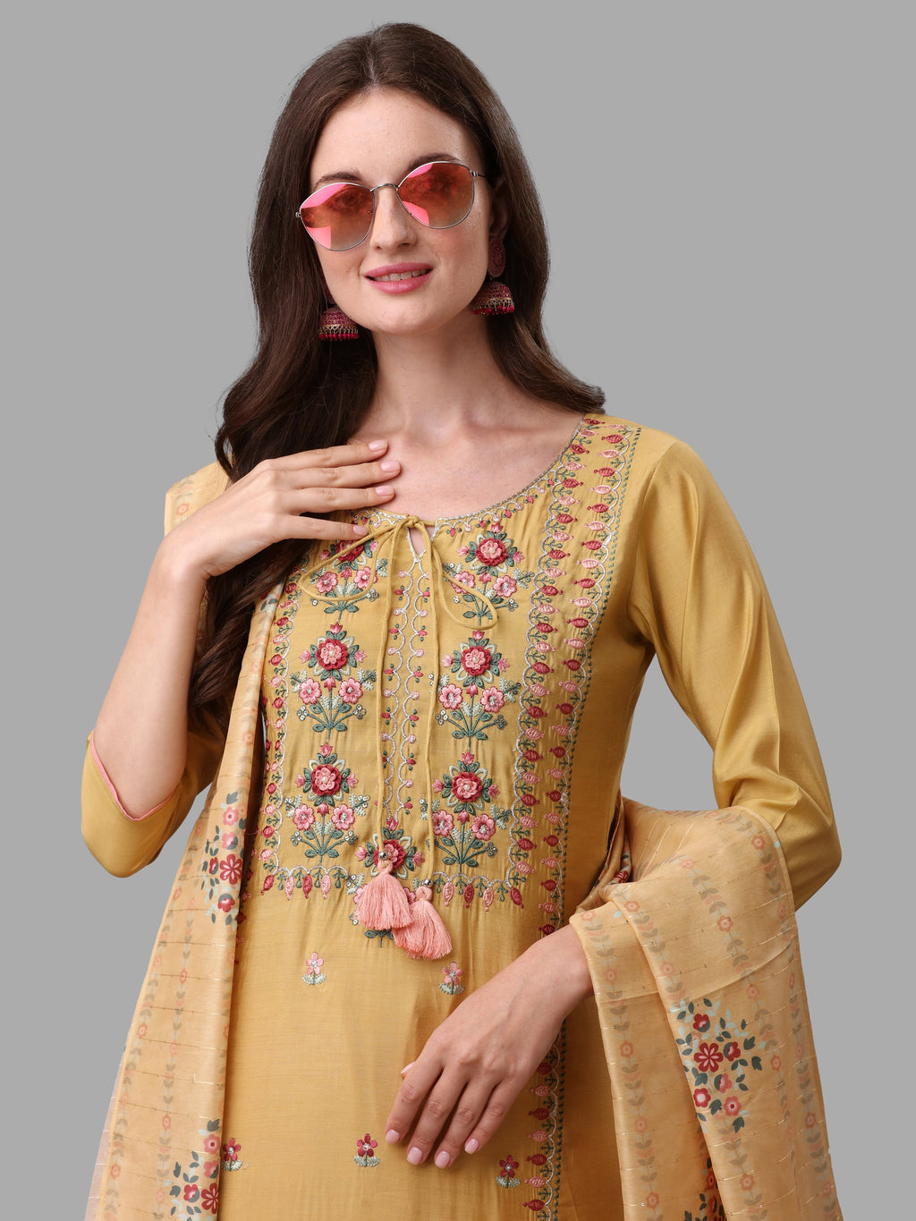 Yellow Embroidered Kurta Pant & Dupatta Set, Multicolor - Hiral Fashion