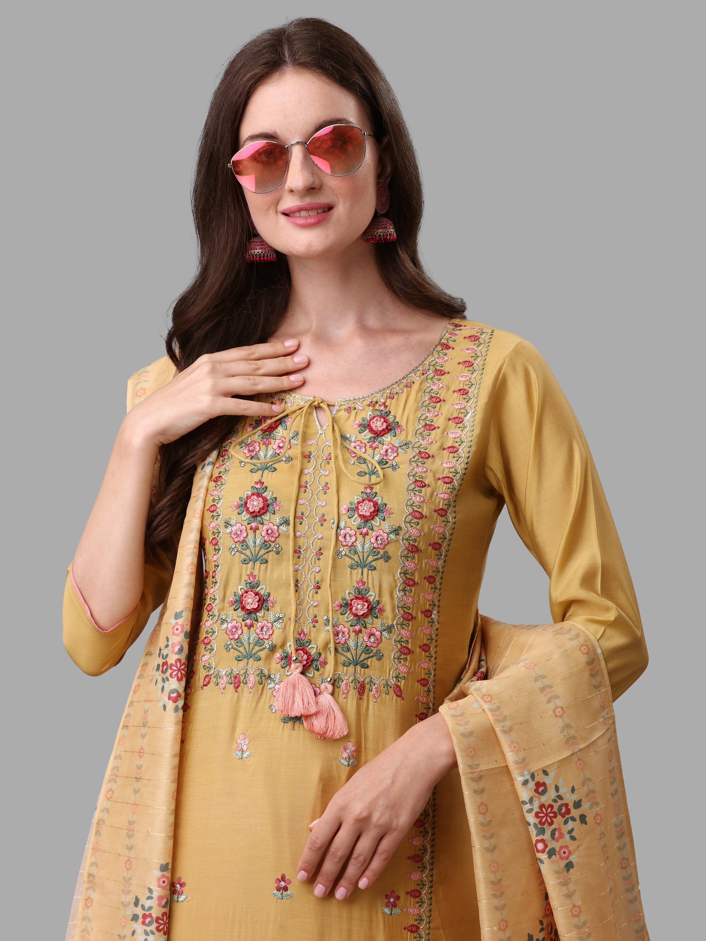Yellow Embroidered Kurta Pant & Dupatta Set, Multicolor - Hiral Fashion