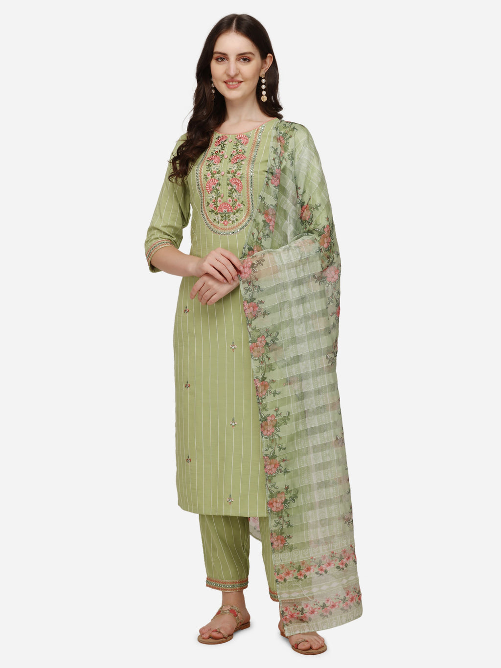 Embroidered Kurta With Pant & Dupatta Set, Multicolor - Hiral Fashion - Distacart