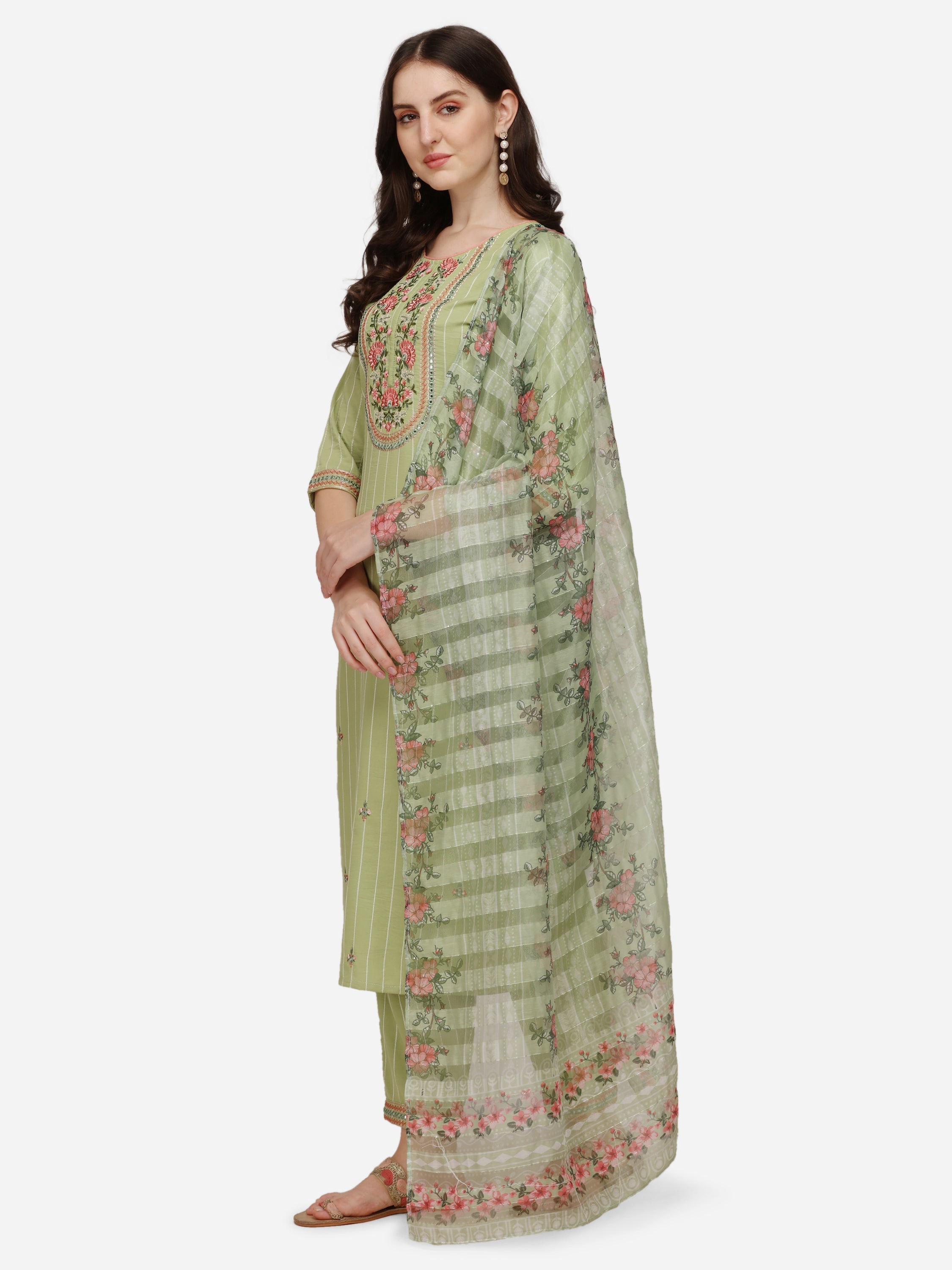 Embroidered Kurta With Pant & Dupatta Set, Multicolor - Hiral Fashion - Distacart