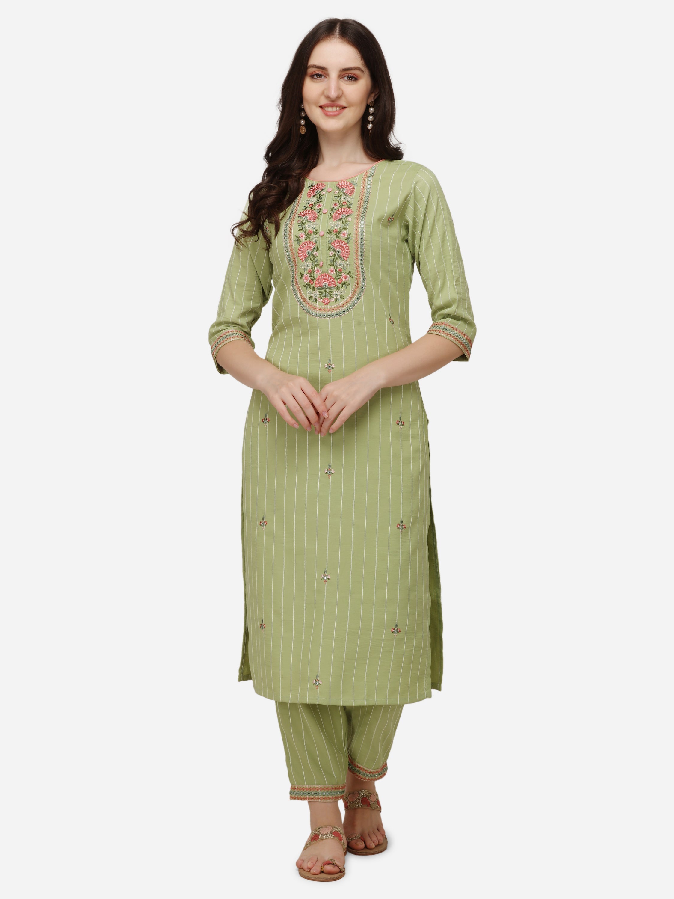 Embroidered Kurta With Pant & Dupatta Set, Multicolor - Hiral Fashion - Distacart