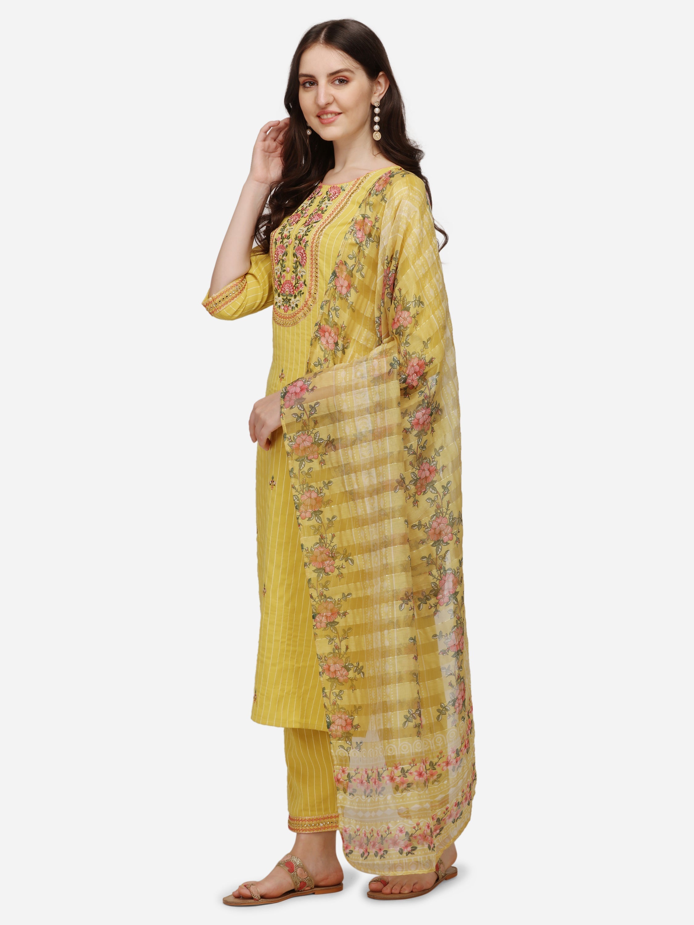 Embroidered Kurta With Pant & Dupatta Set, Multicolor - Hiral Fashion
