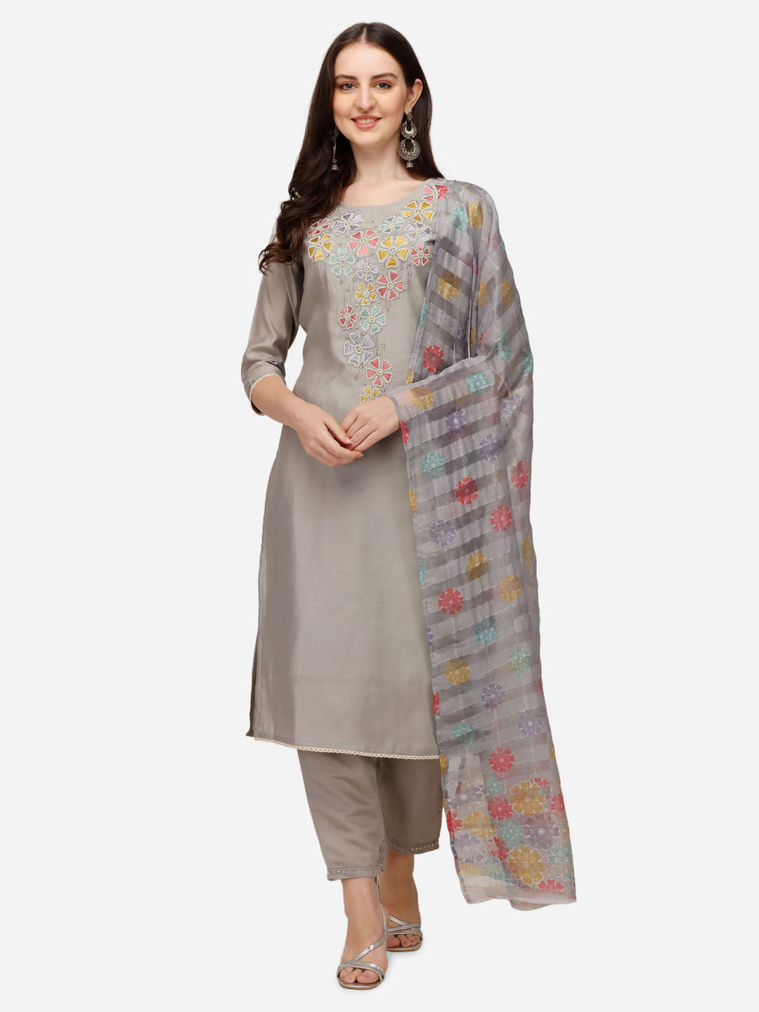 Hand Embroidered Kurta With Pant & Printed Dupatta Set, Multicolor - Hiral Fashion - Distacart