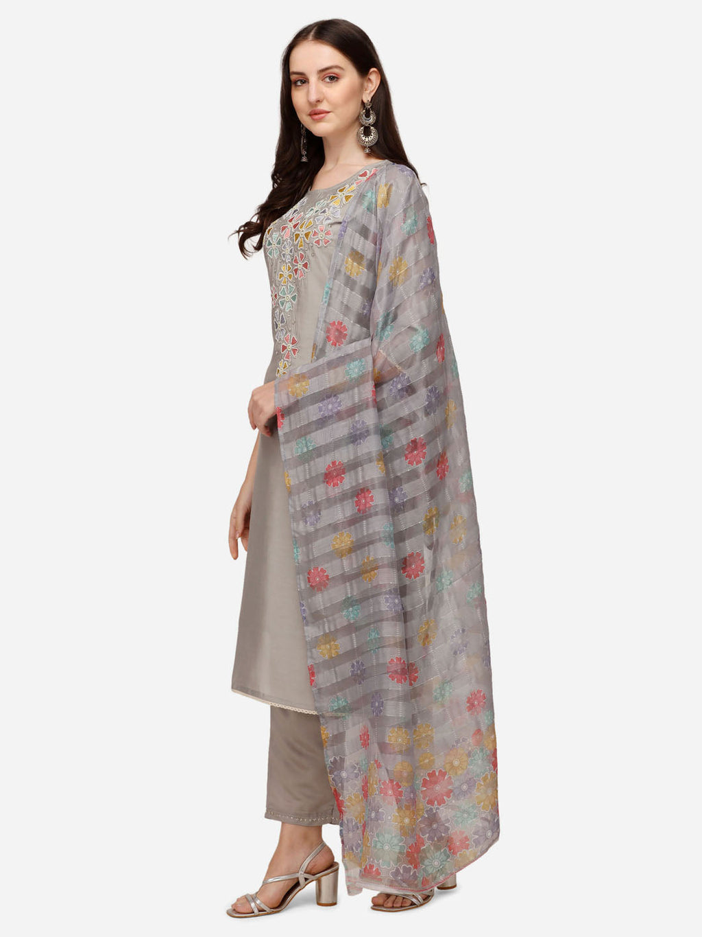 Hand Embroidered Kurta With Pant & Printed Dupatta Set, Multicolor - Hiral Fashion - Distacart
