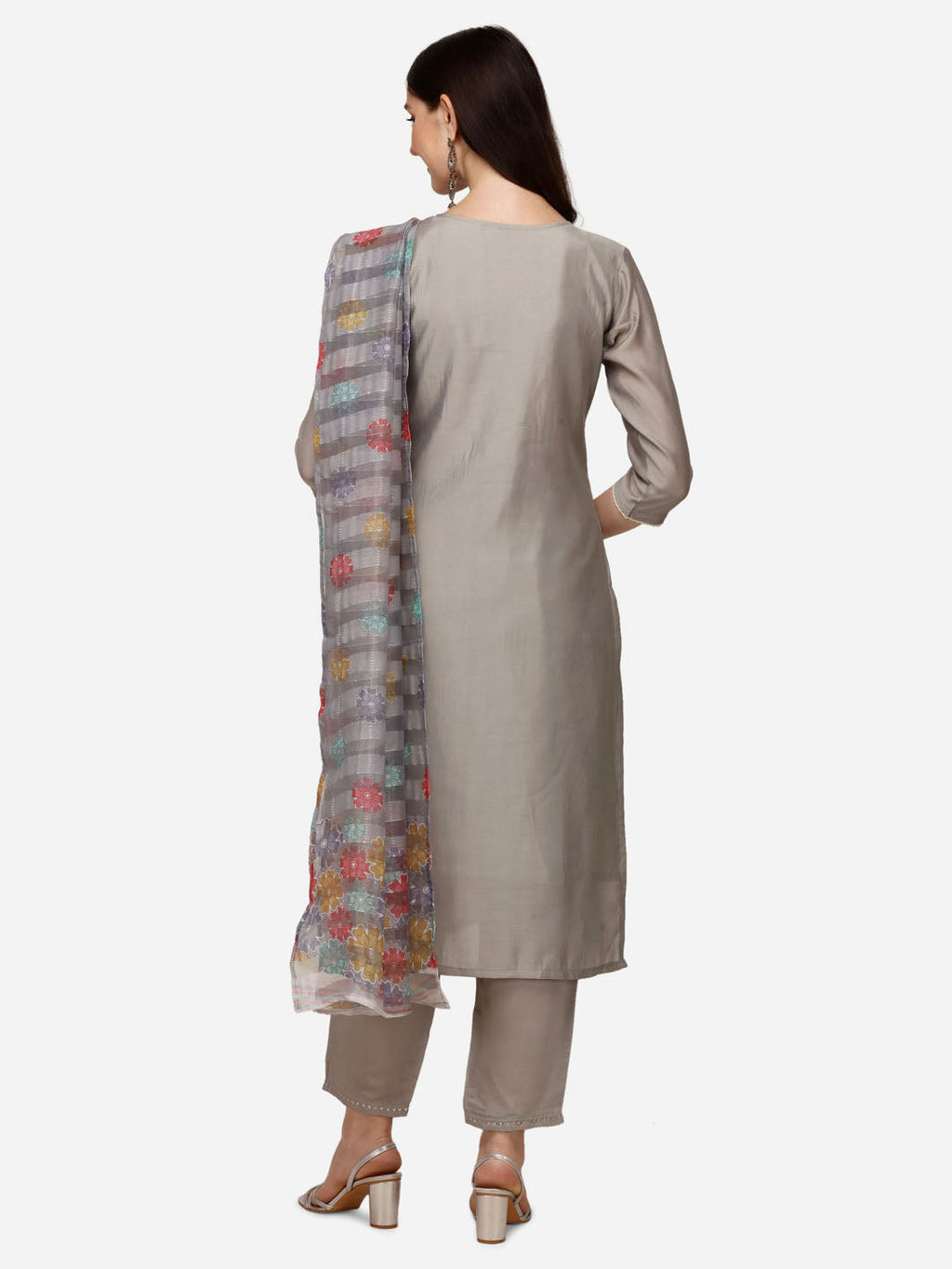 Hand Embroidered Kurta With Pant & Printed Dupatta Set, Multicolor - Hiral Fashion - Distacart