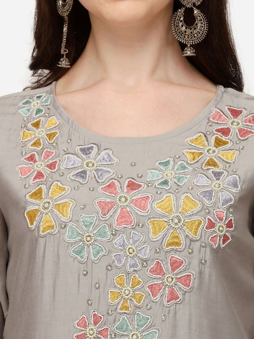Hand Embroidered Kurta With Pant & Printed Dupatta Set, Multicolor - Hiral Fashion - Distacart